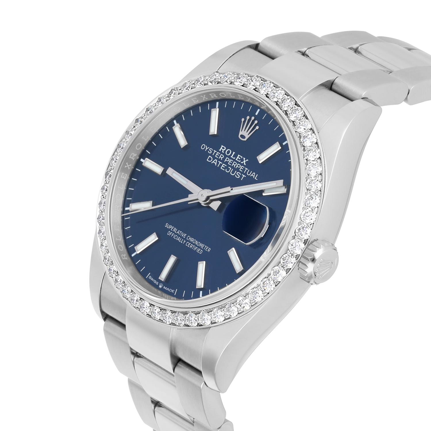 Modern Rolex 126200 Datejust 36mm Blue Index Dial Oyster Bracelet 2021 COMPLETE MINT For Sale