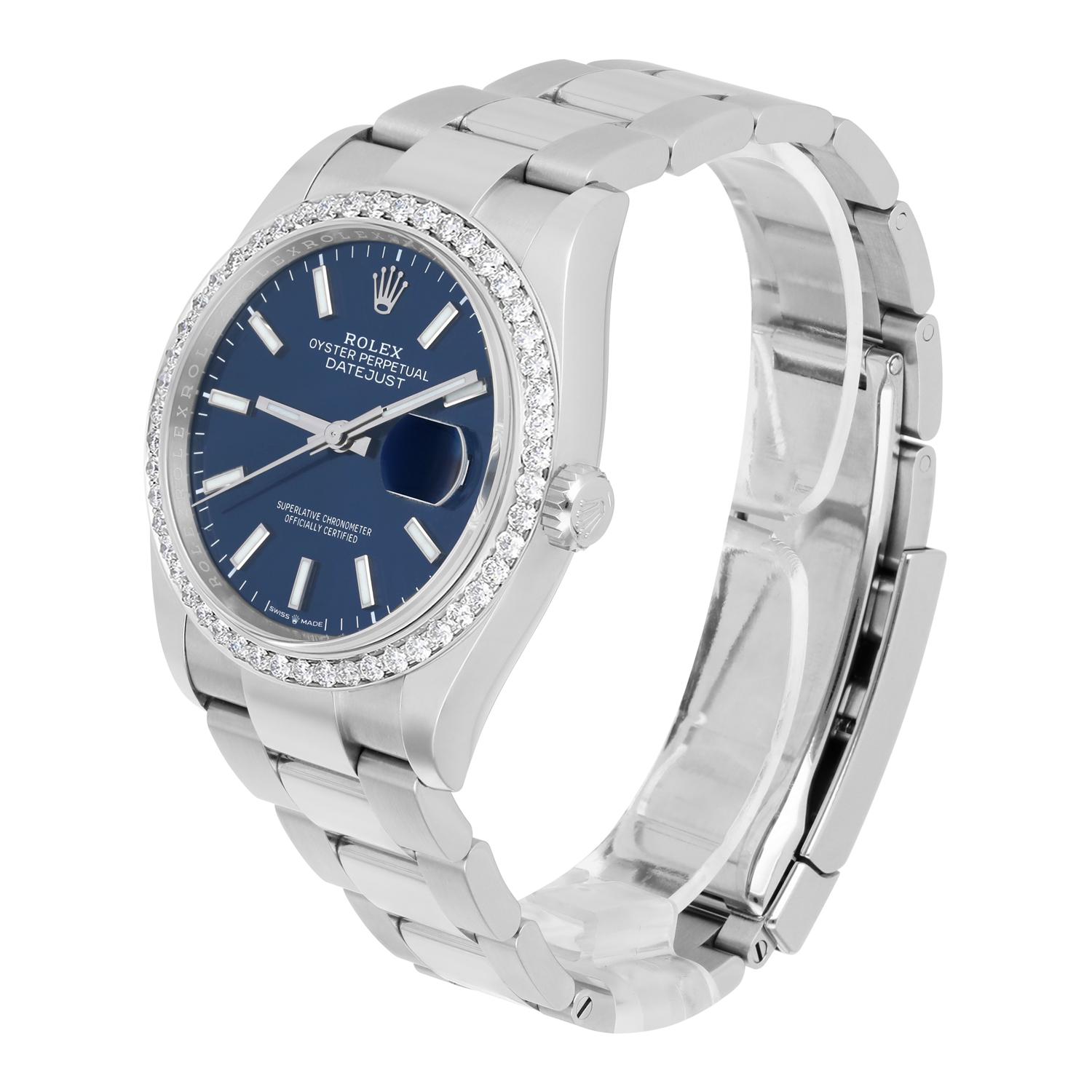 Rolex 126200 Datejust 36mm Blue Index Dial Oyster Bracelet 2021 COMPLETE MINT In New Condition For Sale In New York, NY