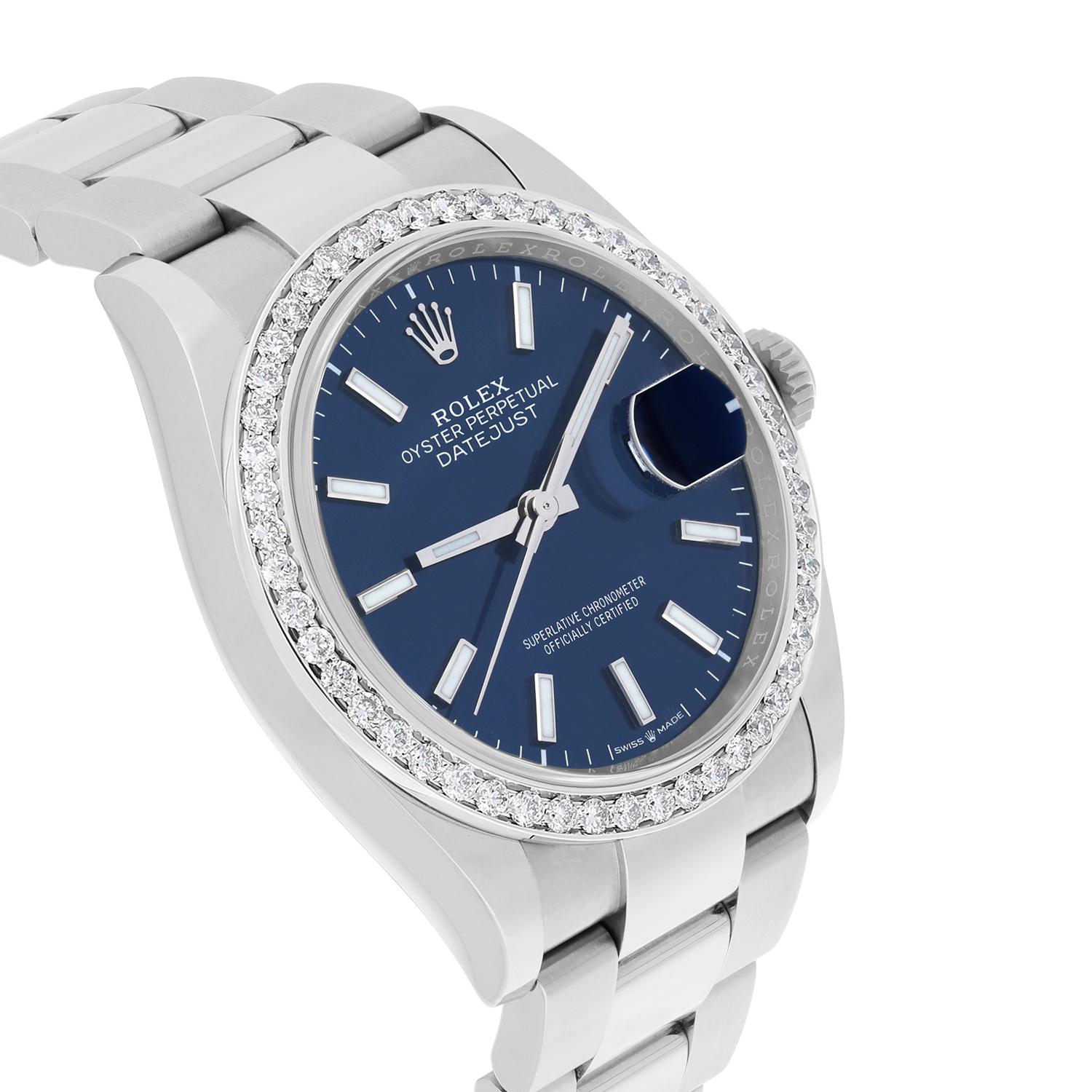 Women's or Men's Rolex 126200 Datejust 36mm Blue Index Dial Oyster Bracelet 2021 COMPLETE MINT For Sale
