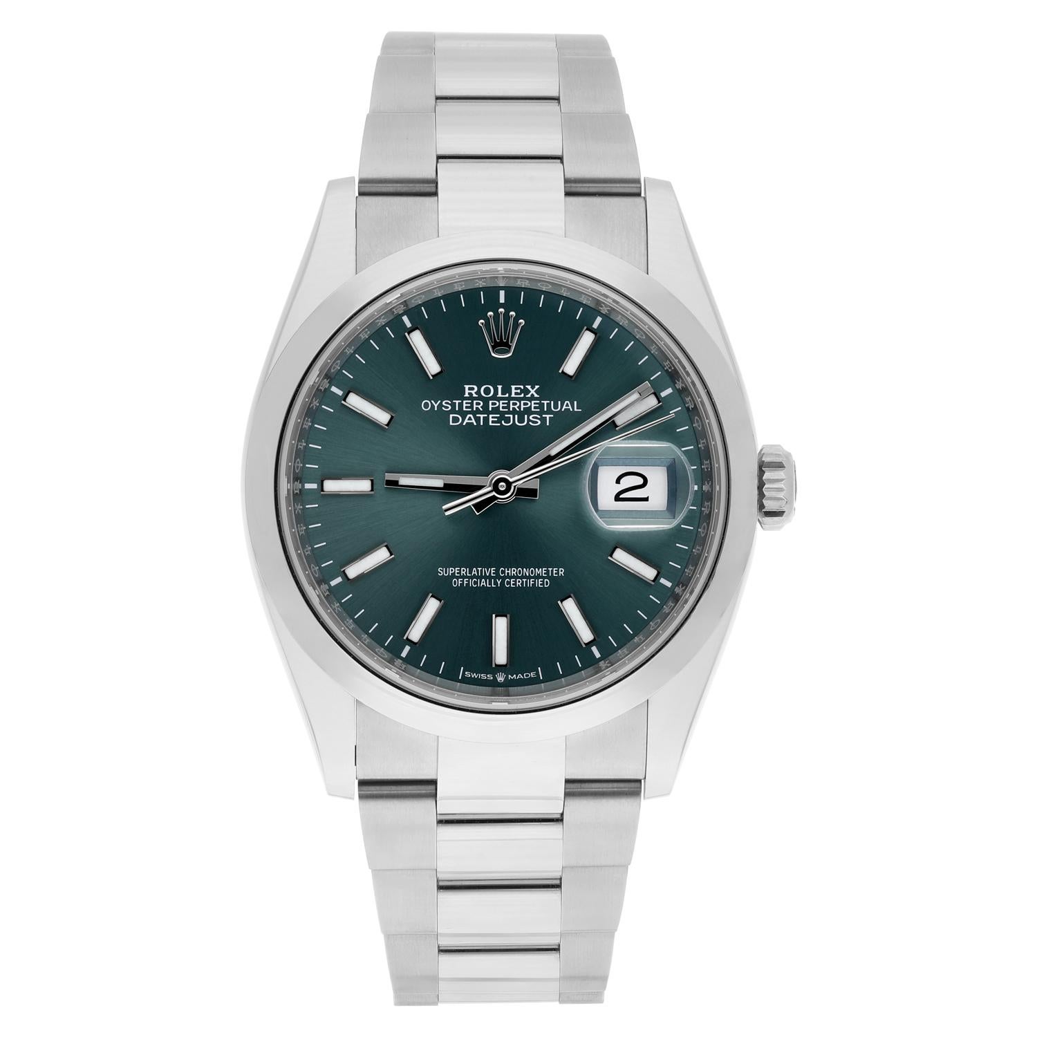 Indulge in the enduring allure of the Rolex 126200 Datejust. This 36mm masterpiece boasts a captivating green index dial paired with the iconic Oyster bracelet, blending sophistication with versatility.

Crafted in 2022, this complete and