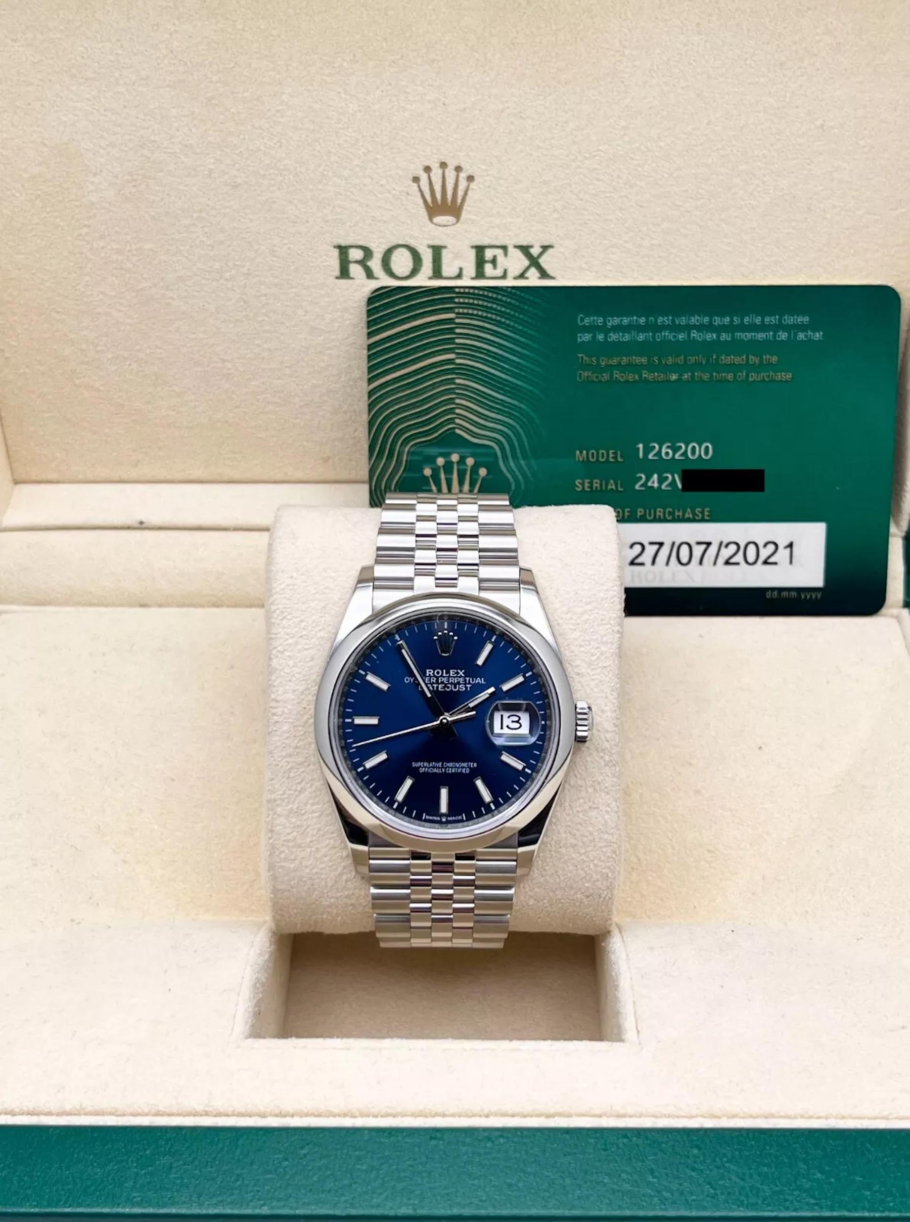 Rolex 126200 Datejust Jubilee 36mm Blue Dial Stainless Steel Box Paper 2021 In Excellent Condition In San Diego, CA