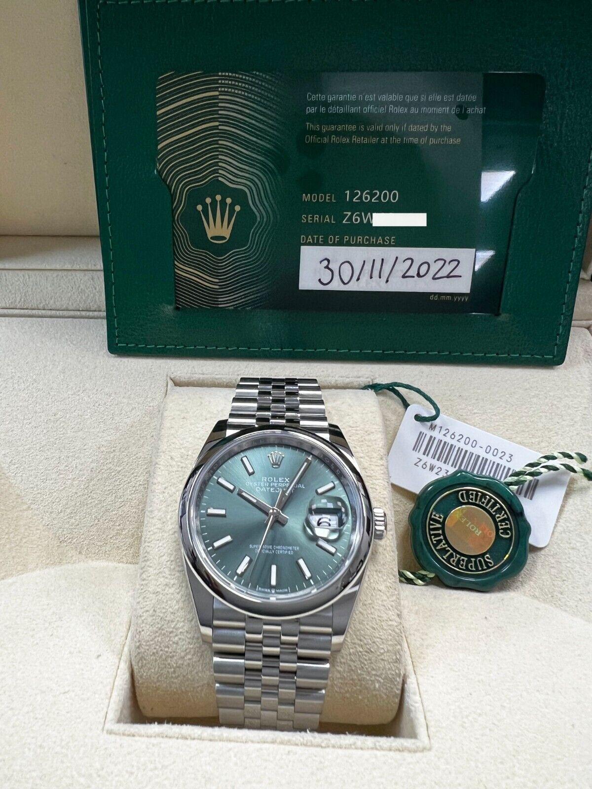 Rolex 126200 Datejust Mint Green Dial Stainless Steel Box Paper 2022 In Excellent Condition For Sale In San Diego, CA