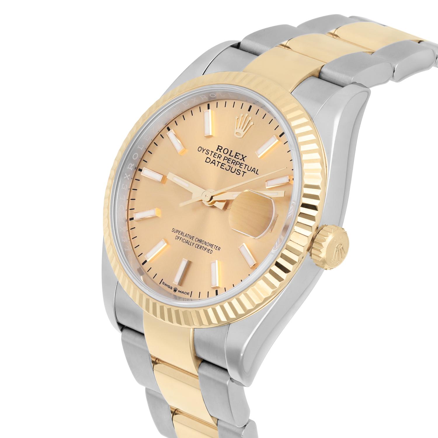 Women's or Men's Rolex 126233 Datejust 36mm Two-Tone Yellow Gold Fluted Bezel Champagne Dial For Sale
