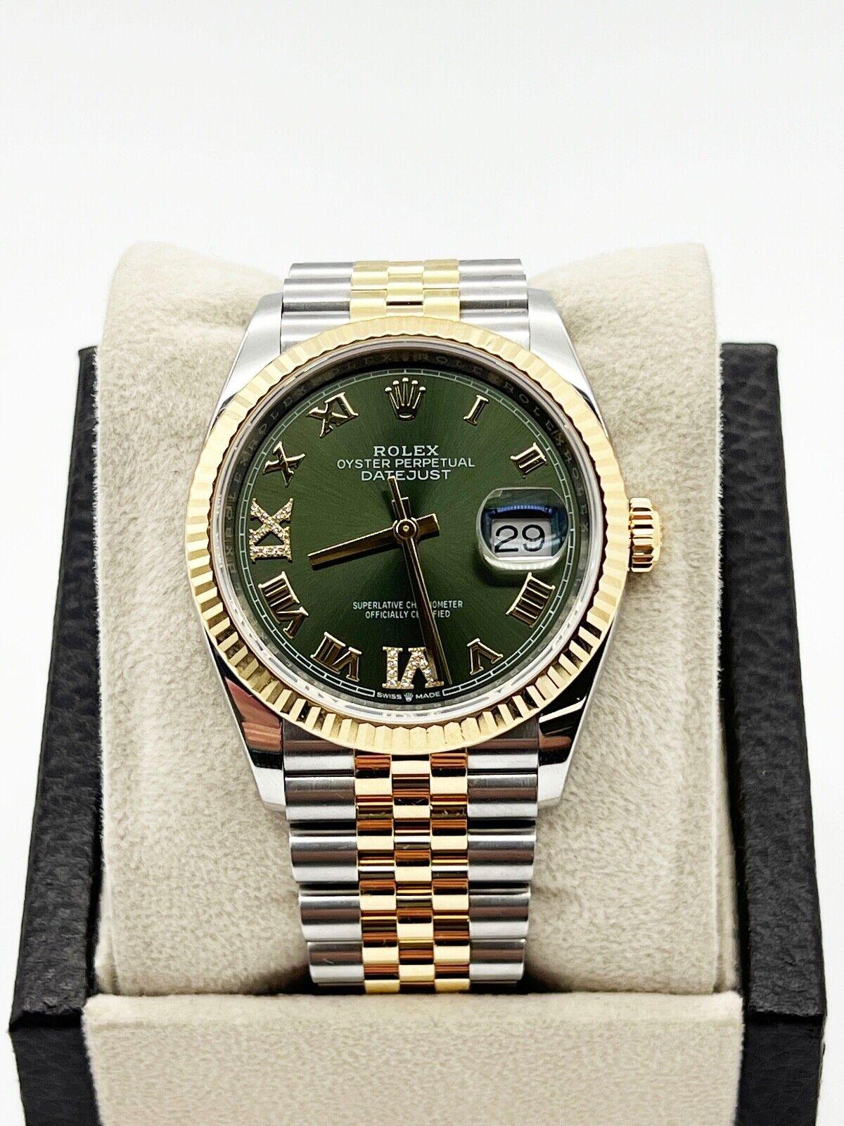 Número de estilo: 126233
De serie 62657***
Año: 2019
Model: Datejust 36
Material de la caja: Acero inoxidable 
Pulsera: Oro amarillo de 18 quilates y acero inoxidable 
Bisel: Oro amarillo de 18 quilates
Esfera: Esfera verde original de fábrica con