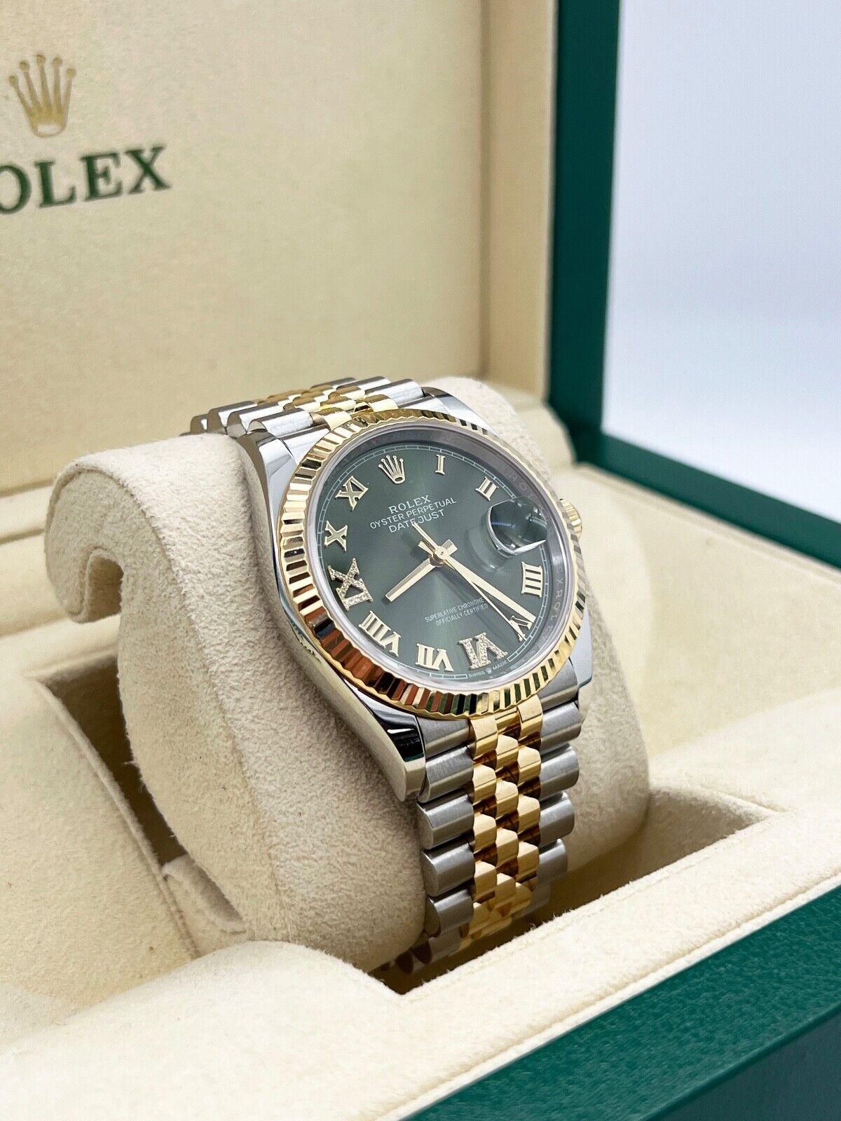 Femenino o masculino Rolex 126233 Datejust Verde Oliva Diamante Romano Oro Amarillo 18K Caja Acero Papel