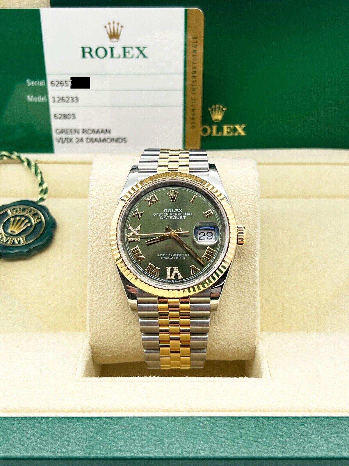 Rolex 126233 Datejust Verde Oliva Diamante Romano Oro Amarillo 18K Caja Acero Papel 4