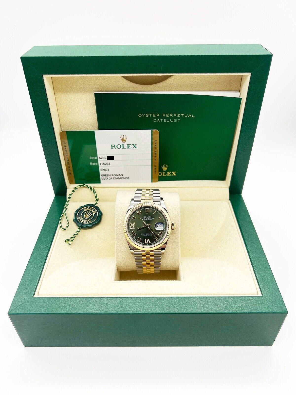 Rolex 126233 Datejust Verde Oliva Diamante Romano Oro Amarillo 18K Caja Acero Papel 5