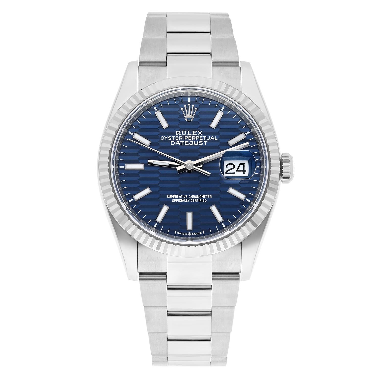 Introducing the Rolex 126234 Datejust 36mm wristwatch, a stunning timepiece with a silver case and bracelet. This luxury watch features a blue motif dial with stick indexes, luminous hands, and a date indicator. With a self-winding Swiss movement,