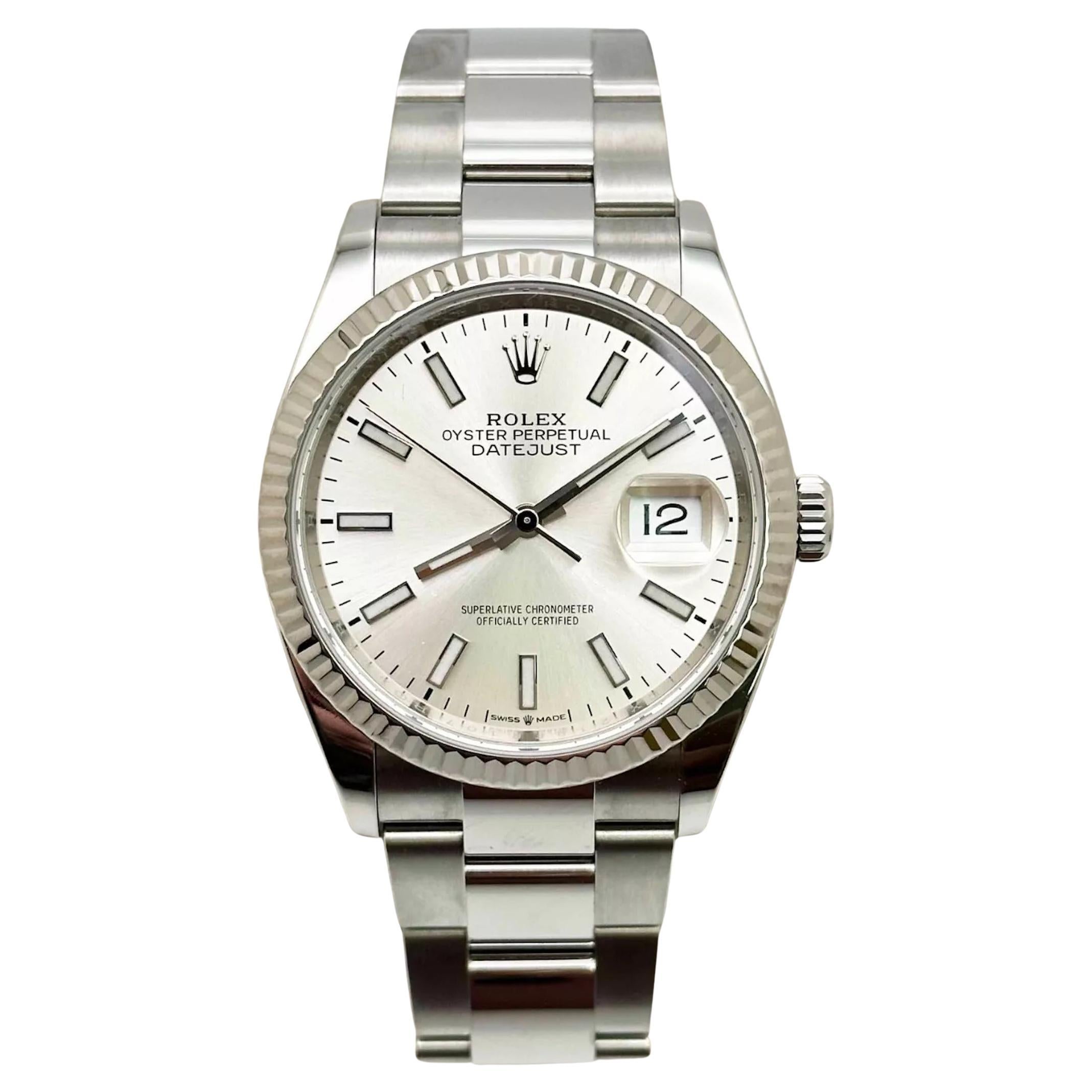 Rolex Datejust 126234 36 mm Esfera plateada Oro blanco 18 quilates Acero inoxidable
