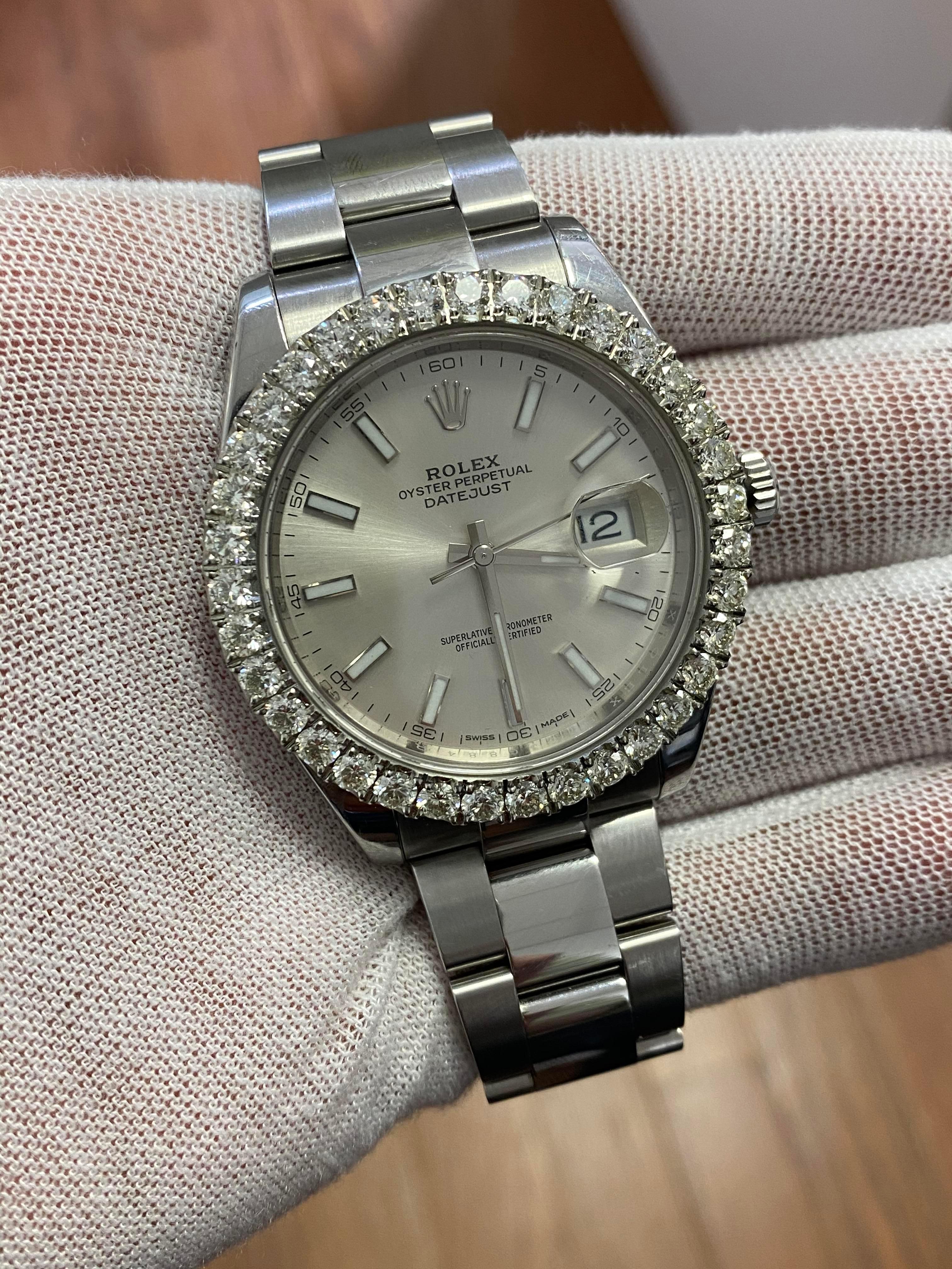 Brand: Rolex
Model: Datejust
Model number: 126300
Size: 41mm
Movement: Automatic
Case Material: Steel
Bracelet Material: Steel
Gender: Men's watch/Unisex 
 Movement: Automatic 

Diamond dial: 4.50cwt diamonds.  VVS clarity. H color. 100% natural