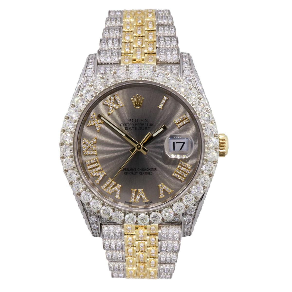 Brand: Rolex
MPN: 126303
Model: Datejust
Case Material: Stainless steel and diamonds
Case Diameter: 41mm
Crystal: Sapphire crystal (scratch resistant)
Bezel: Diamond bezel (aftermarket)
Dial: Silver roman dial with diamond hour markers