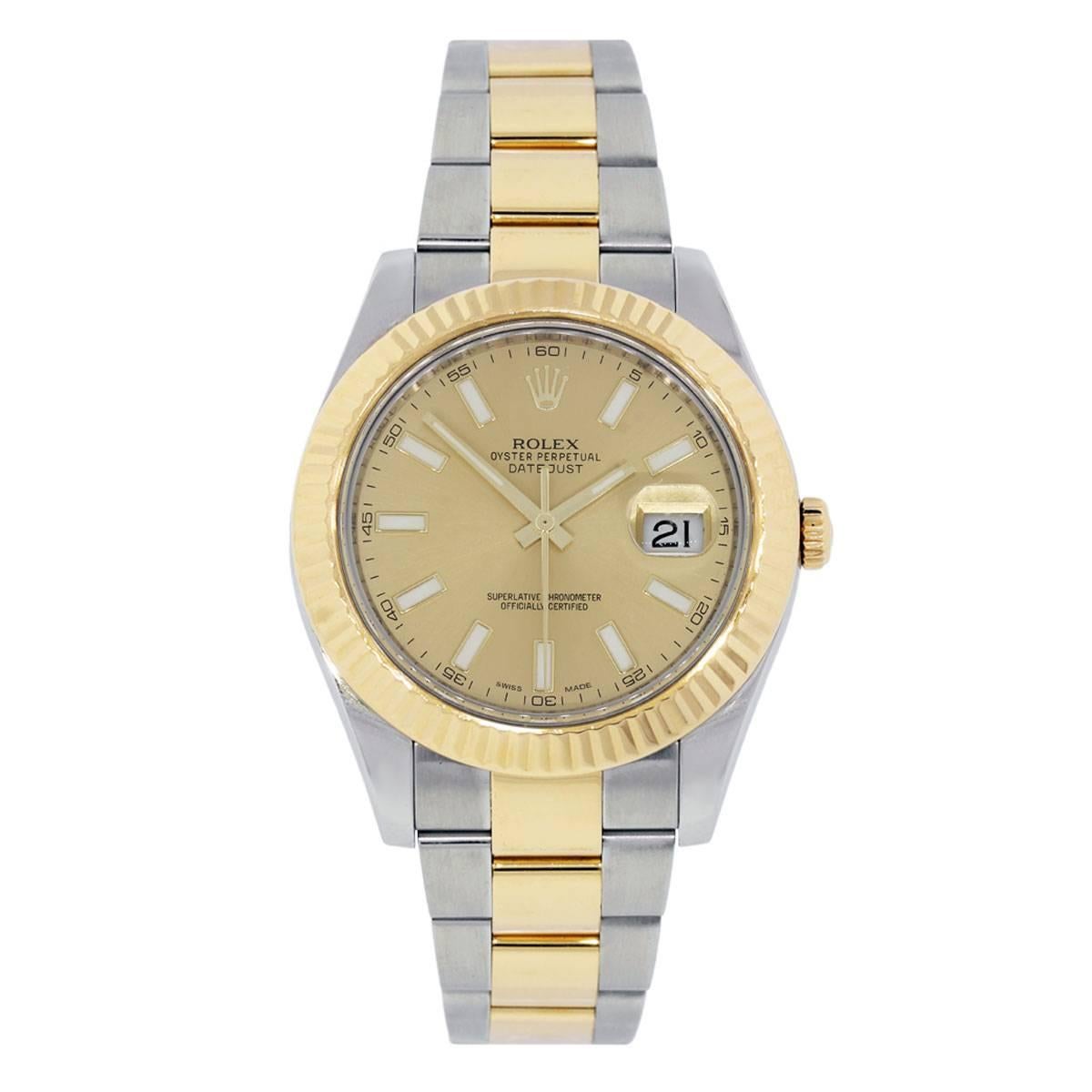 Brand: Rolex
MPN: 116333
Model: Datejust II
Case Material:	Stainless steel
Case Diameter: 41mm
Crystal: Scratch resistant sapphire
Bezel: 18k yellow gold fluted bezel
Dial: Champagne stick dial with date window at the 3 o’clock position
Bracelet: