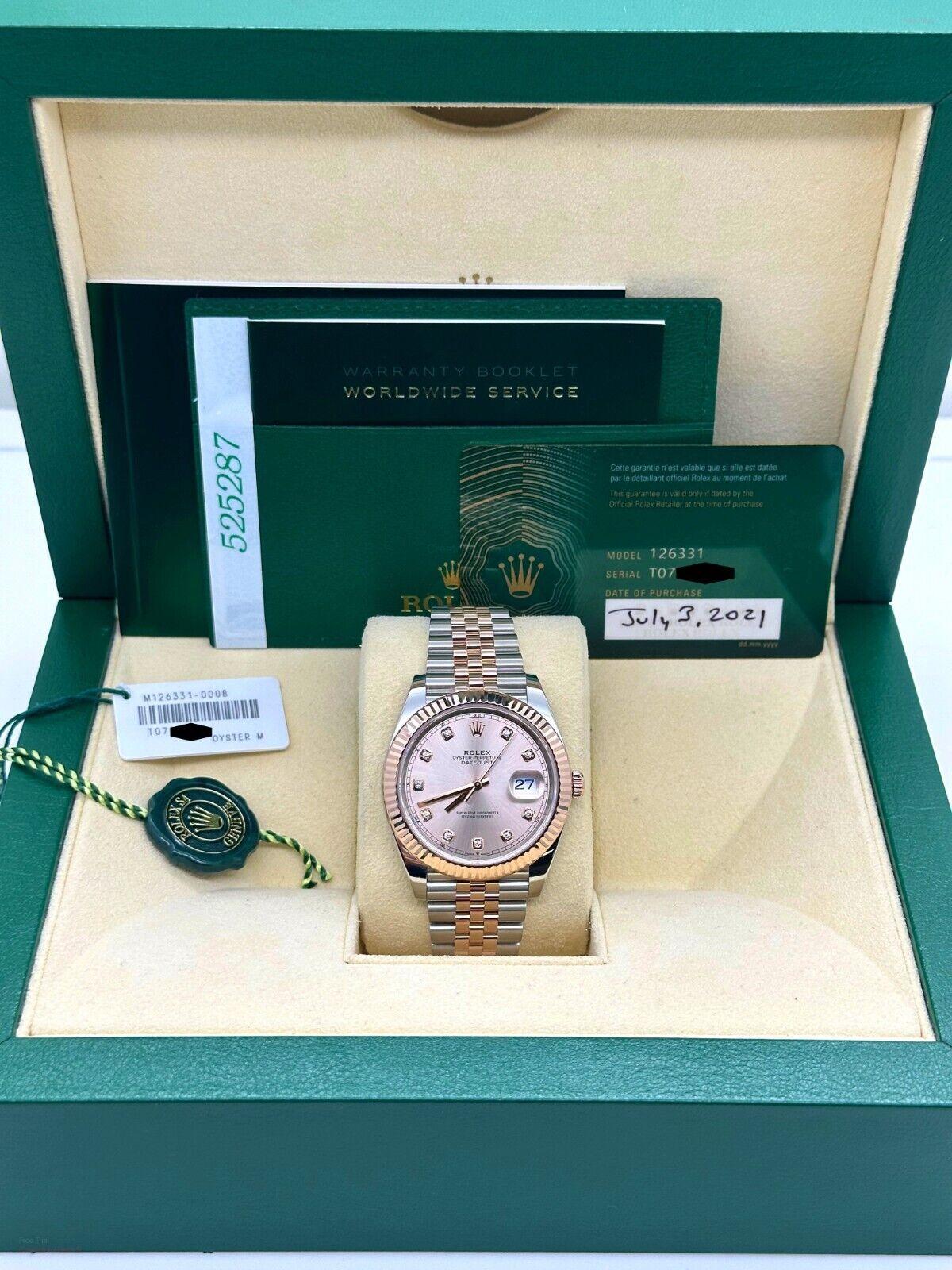 Style Number: 126331

Serial: T0705***

Year: 2021

Model: Datejust 41 

Case Material: Stainless Steel 

Band: 18K Rose Gold & Stainless Steel 

Bezel: 18 Rose Gold 

Dial: Original Sundust Diamond Dial 

Face: Sapphire Crystal 

Case Size: 41mm
