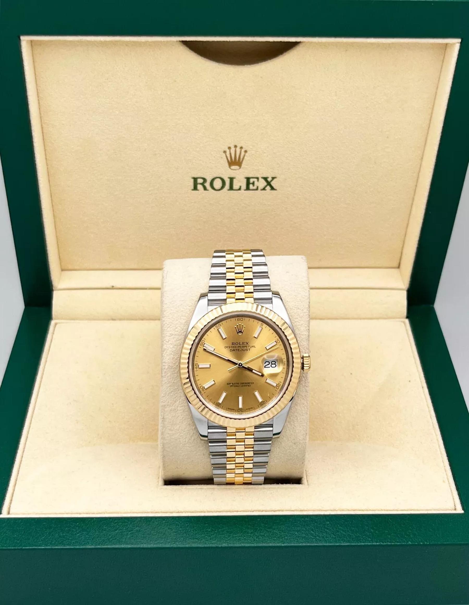Style Number: 126333 
Serial: 3A260***
Year: 2021 
Model: Datejust 41
Case Material: Stainless Steel 
Band: 18K Yellow Gold & Stainless Steel  
Bezel: 18K Yellow Gold 
Dial: Champagne 
Face: Sapphire Crystal 
Case Size: 41mm 

Includes: 

-Rolex Box