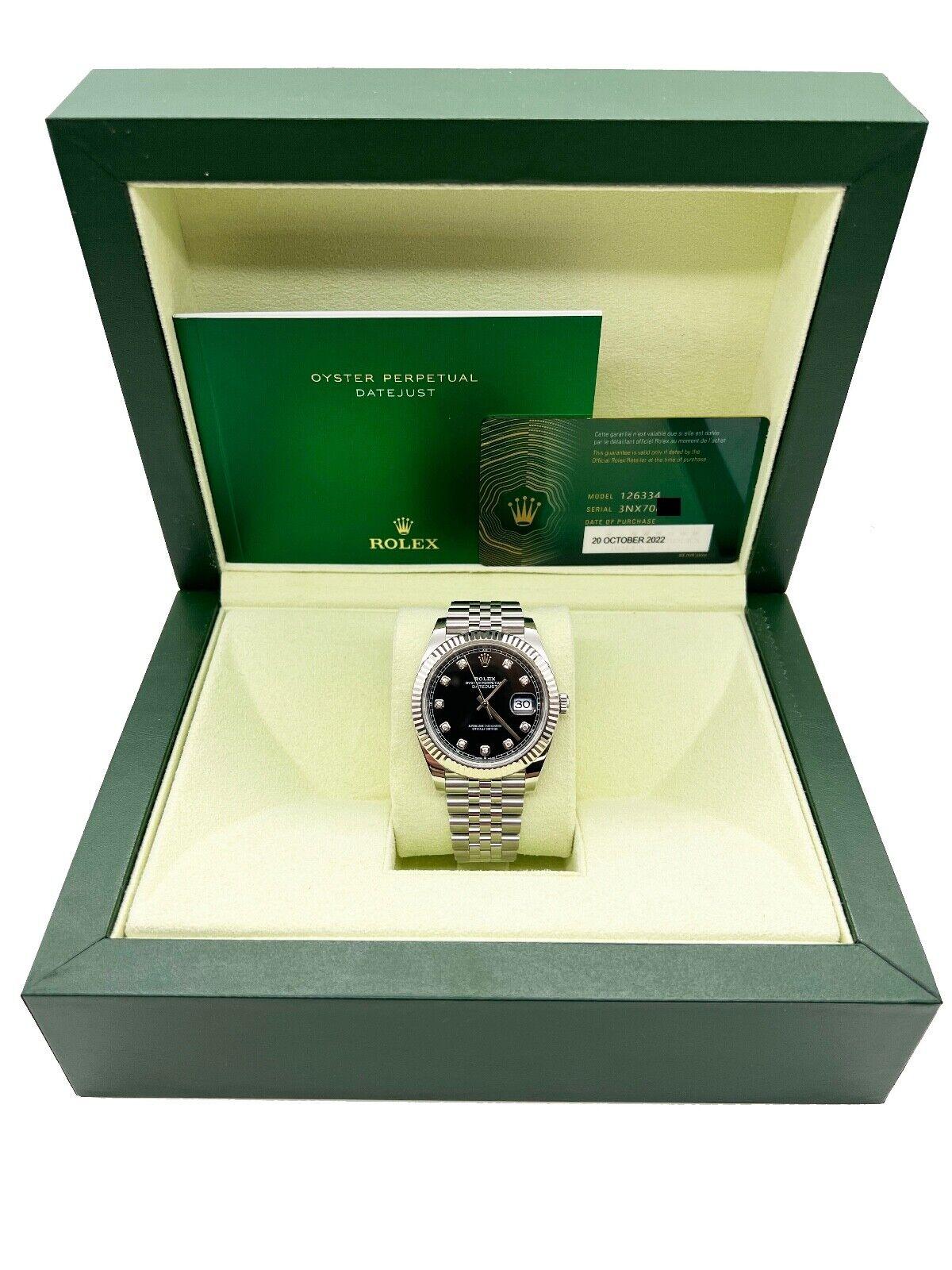 Men's Rolex 126334 Datejust 41 Black Diamond Dial Stainless Steel Box Paper 2022 For Sale