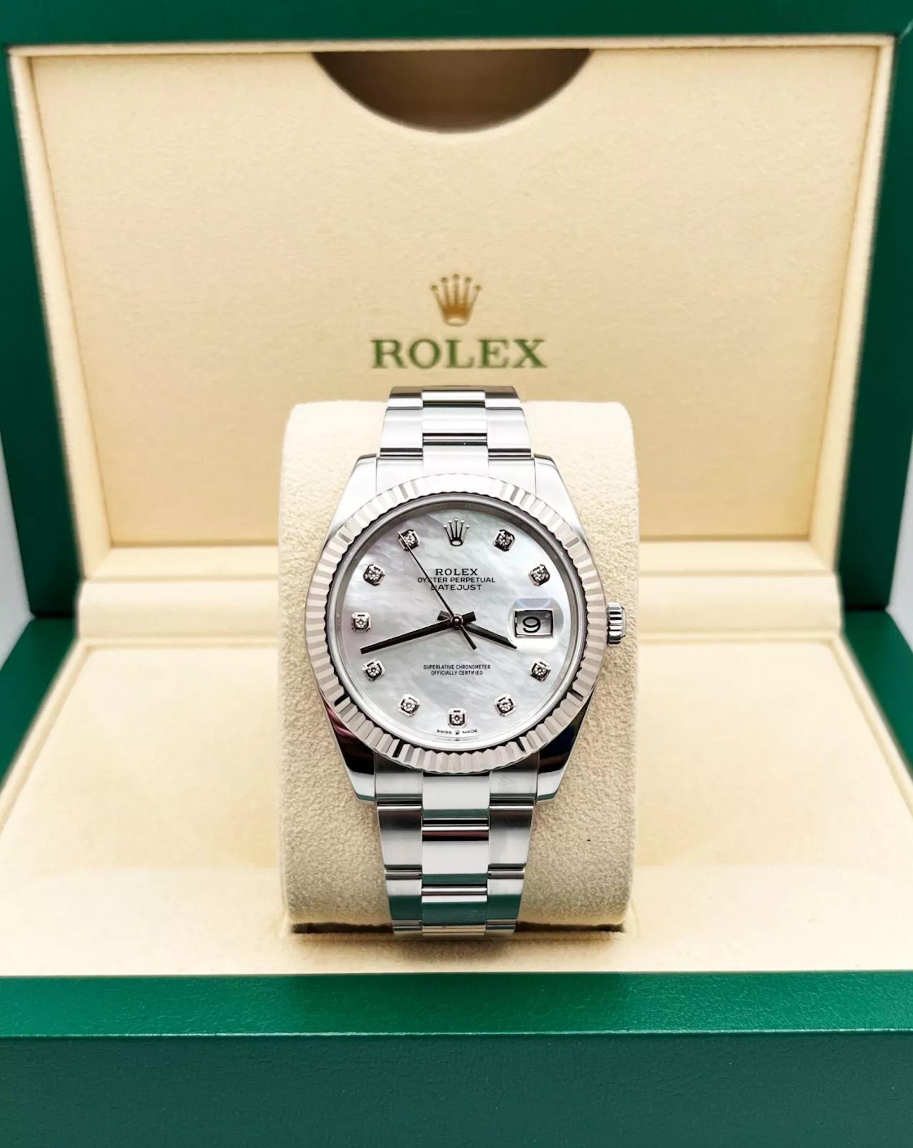 Style Number: 126334

Serial: 4275T***

Year: 2020

Model: Datejust 41

Case Material: Stainless Steel

Band: Stainless Steel

Bezel: Stainless Steel

Dial: Mother of Pearl Diamond Dial

Face: Sapphire Crystal

Case Size: 41mm

Includes: 

-Rolex