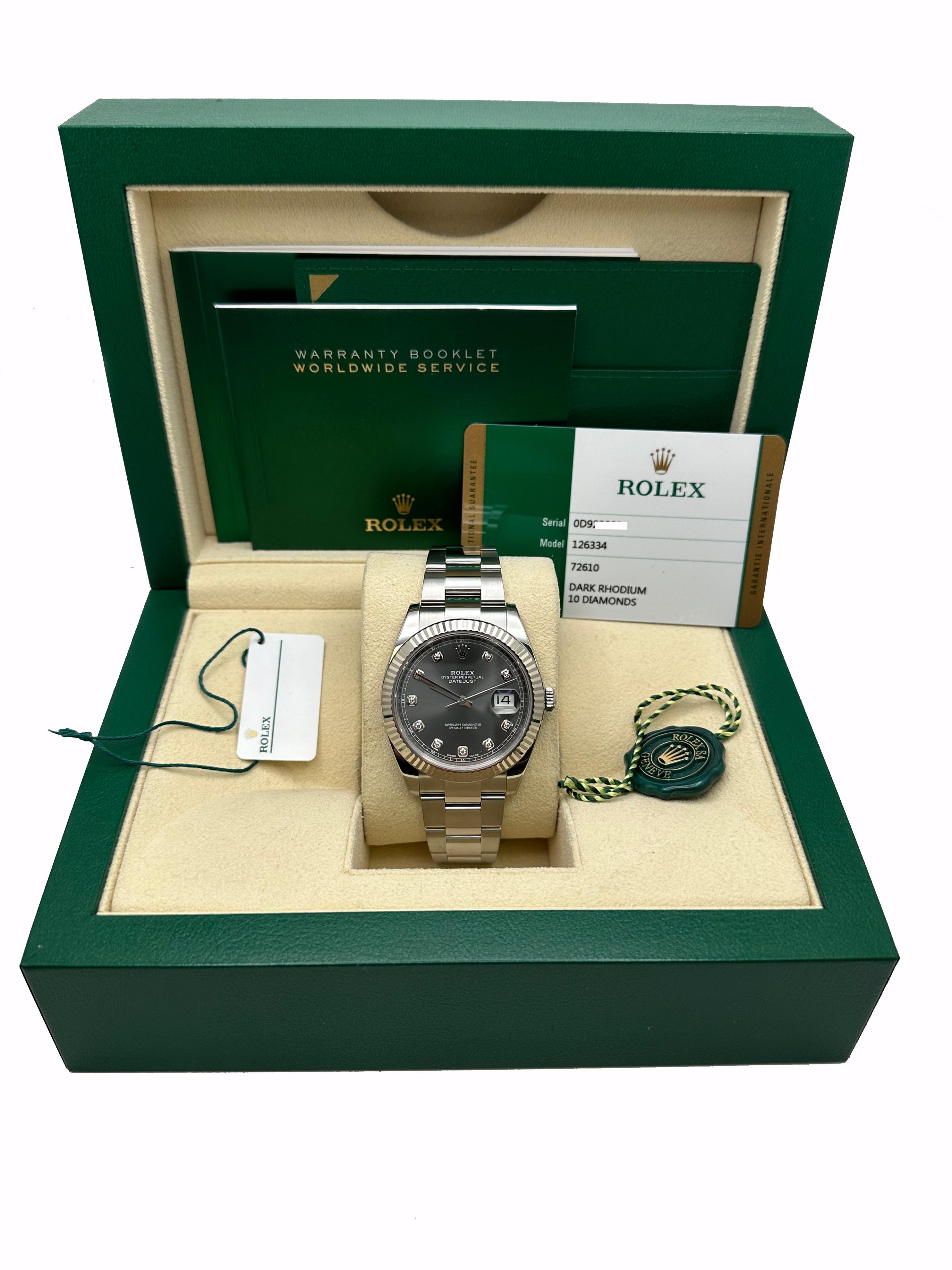 Style Number: 126334



Serial: 0D923***



Year: 2017

 

Model: Datejust 41

 

Case Material: Stainless Steel 

 

Band: Stainless Steel 

 

Bezel: 18K White Gold 

 

Dial: Rhodium Diamond Dial 

 

Face: Sapphire Crystal 

 

Case Size: 41mm