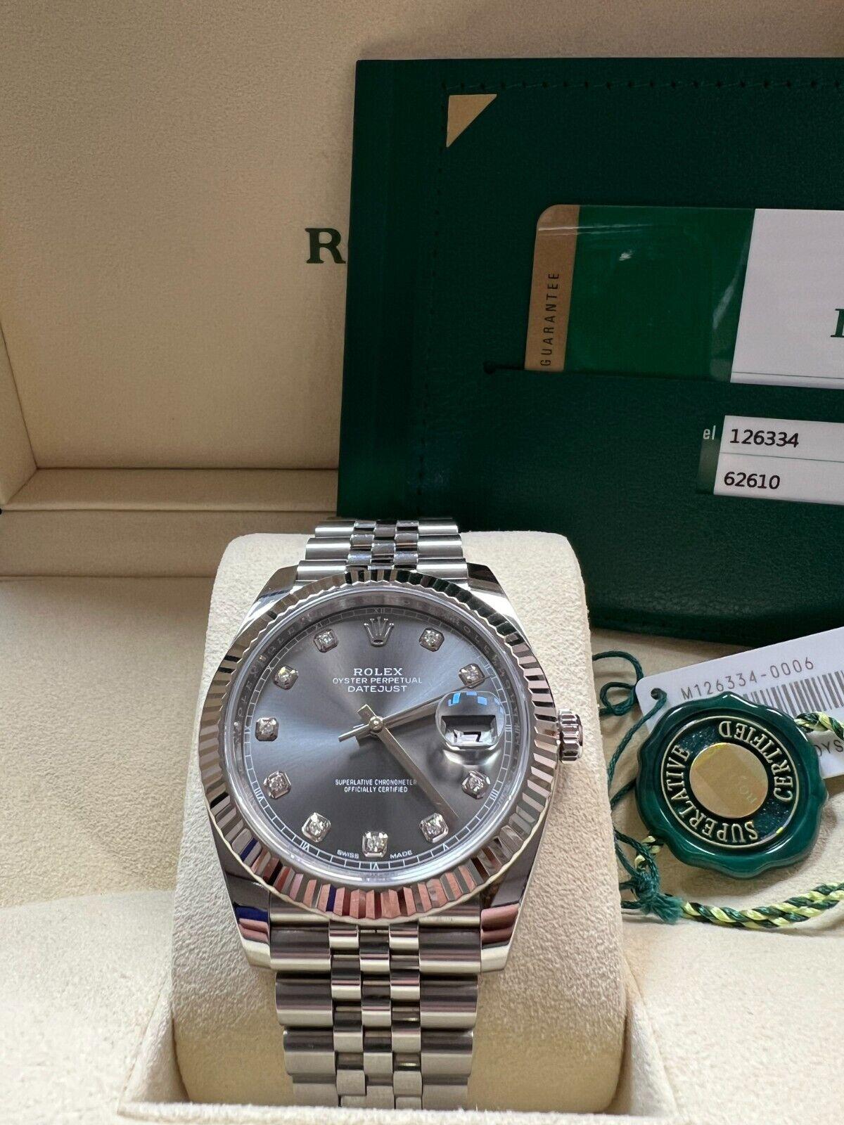 Rolex 126334 Datejust 41 Rhodium Diamond Dial Stainless Steel Box Paper In Excellent Condition For Sale In San Diego, CA