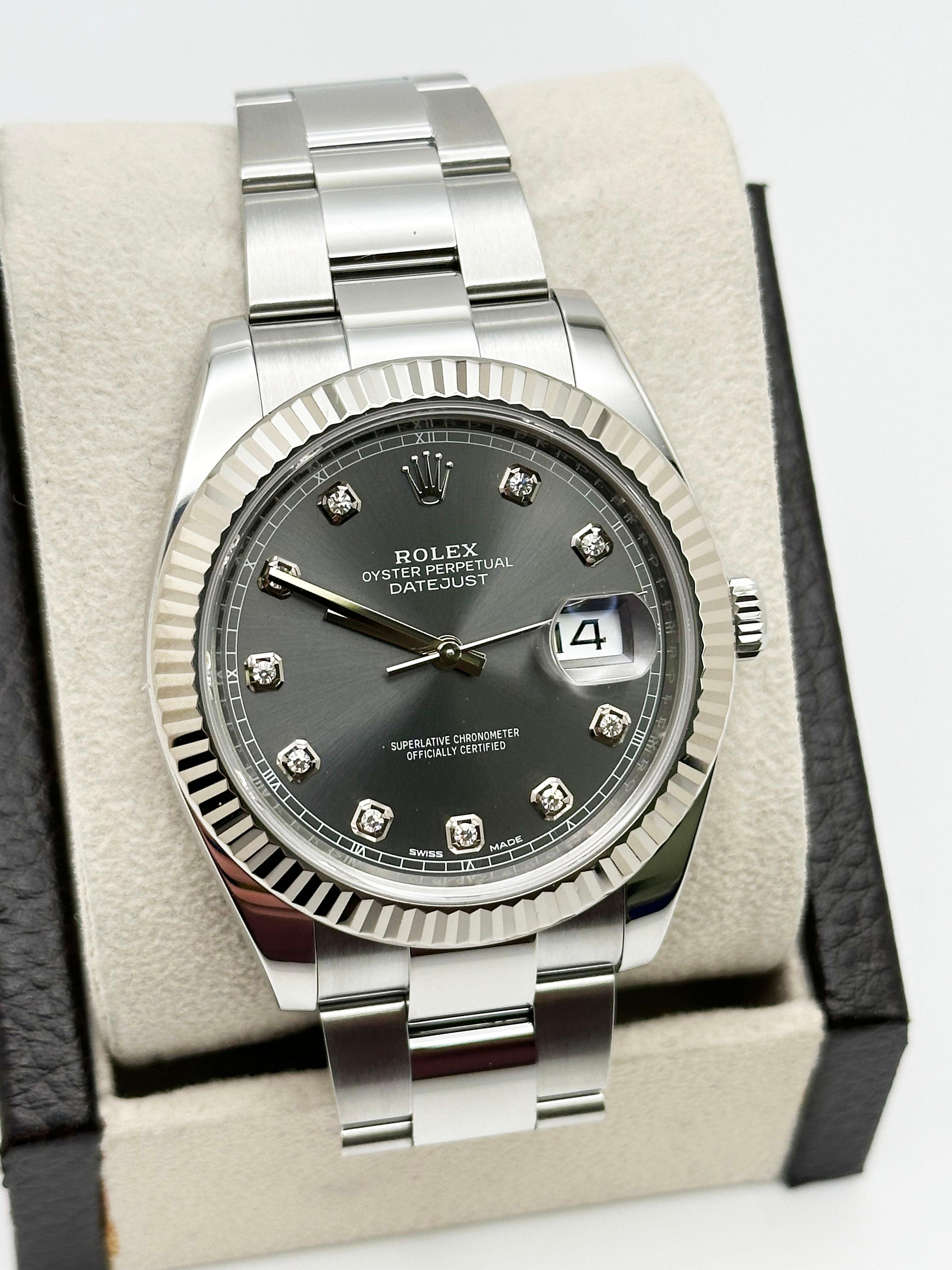 Rolex 126334 Datejust 41 Rhodium Diamond Dial Stainless Steel Box Paper In Excellent Condition For Sale In San Diego, CA