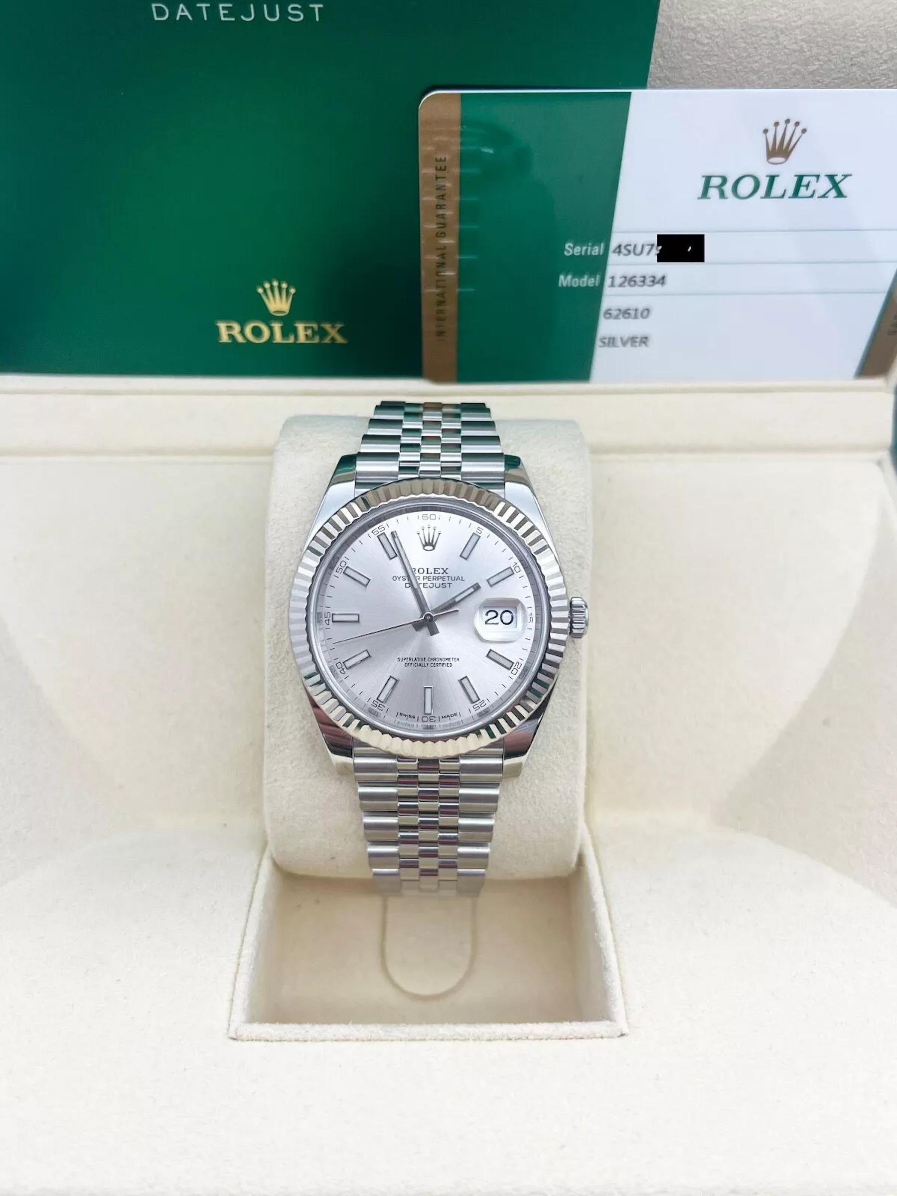 Style Number: 126334

Serial: 4SU79***

Year: 2018 

Model: Datejust 41 

Case Material: Stainless Steel 

Band: Stainless Steel

Bezel: 18K White Gold  

Dial: Silver 

Face: Sapphire Crystal  

Case Size: 41mm 

Includes: 

-Rolex Box &