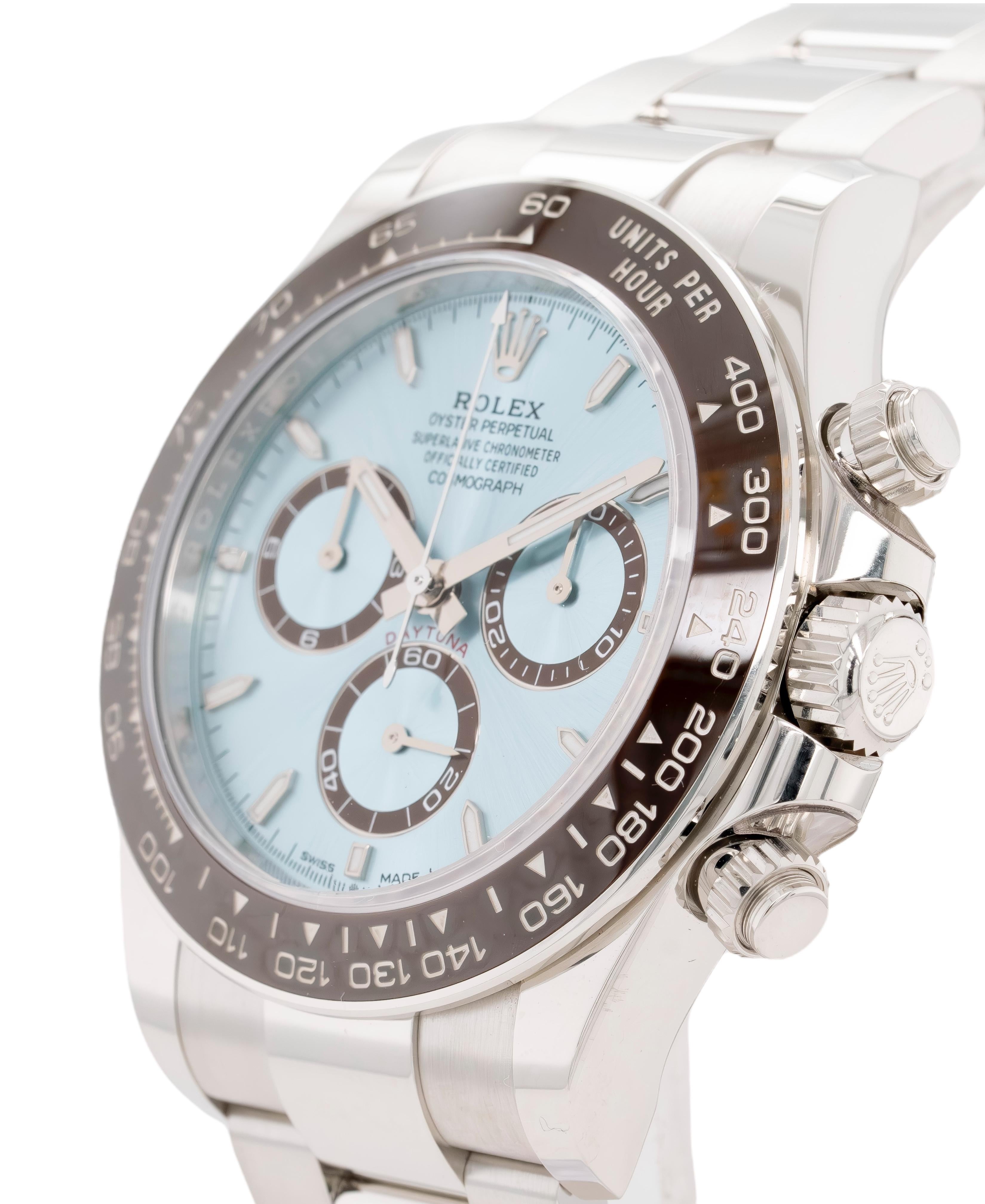 
Brand	Rolex
MPN	126506
Model	Daytona
Case Material	Platinum
Case Diameter	40mm
Crystal	Scratch resistant sapphire
Bezel	Platinum
Dial	Ice Blue
Bracelet	Platinum
Size	Will fit up to a 7″ wrist
Clasp	Oyster Clasp
Movement	Automatic
Serial	Scram