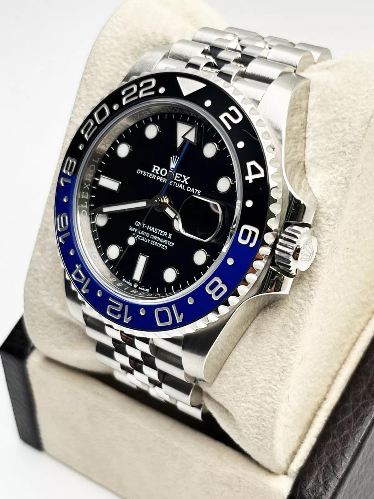 Rolex 126710BLNR GMT Master II Batgirl Schwarz Blaue Lünette Edelstahl Box Papier Herren