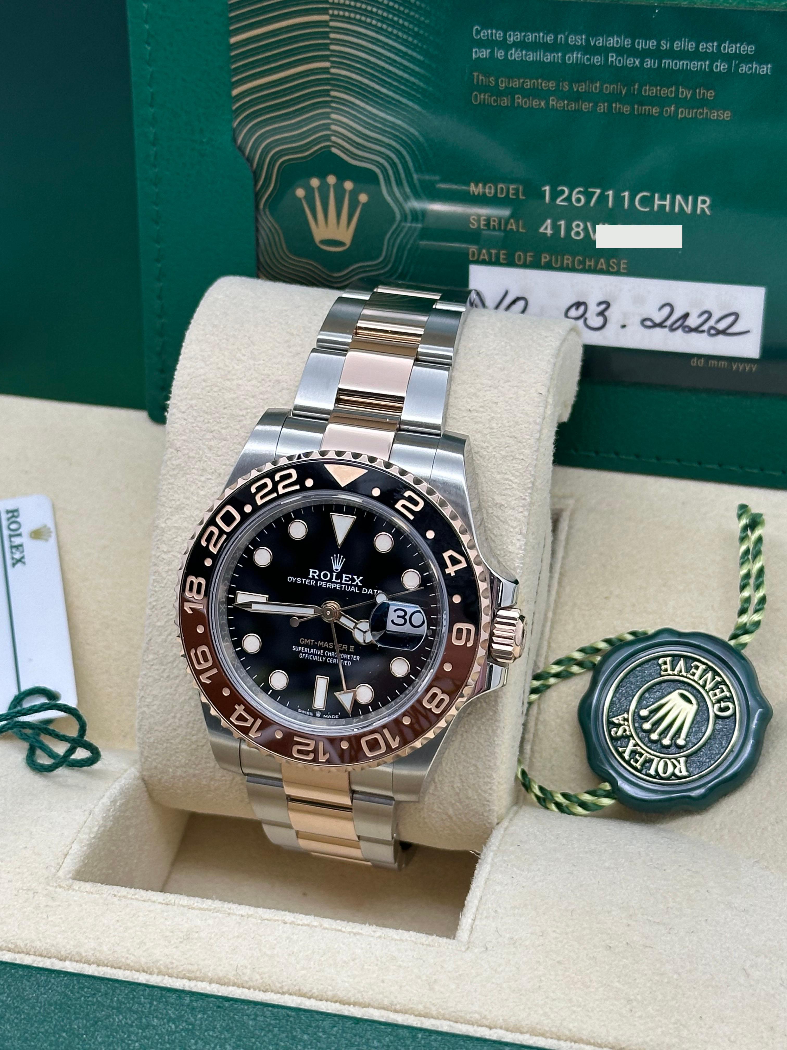 Rolex 126711CHNR GMT Master II Rootbeer Ceramic 18K Gold Steel Box Paper 2022 In Excellent Condition For Sale In San Diego, CA