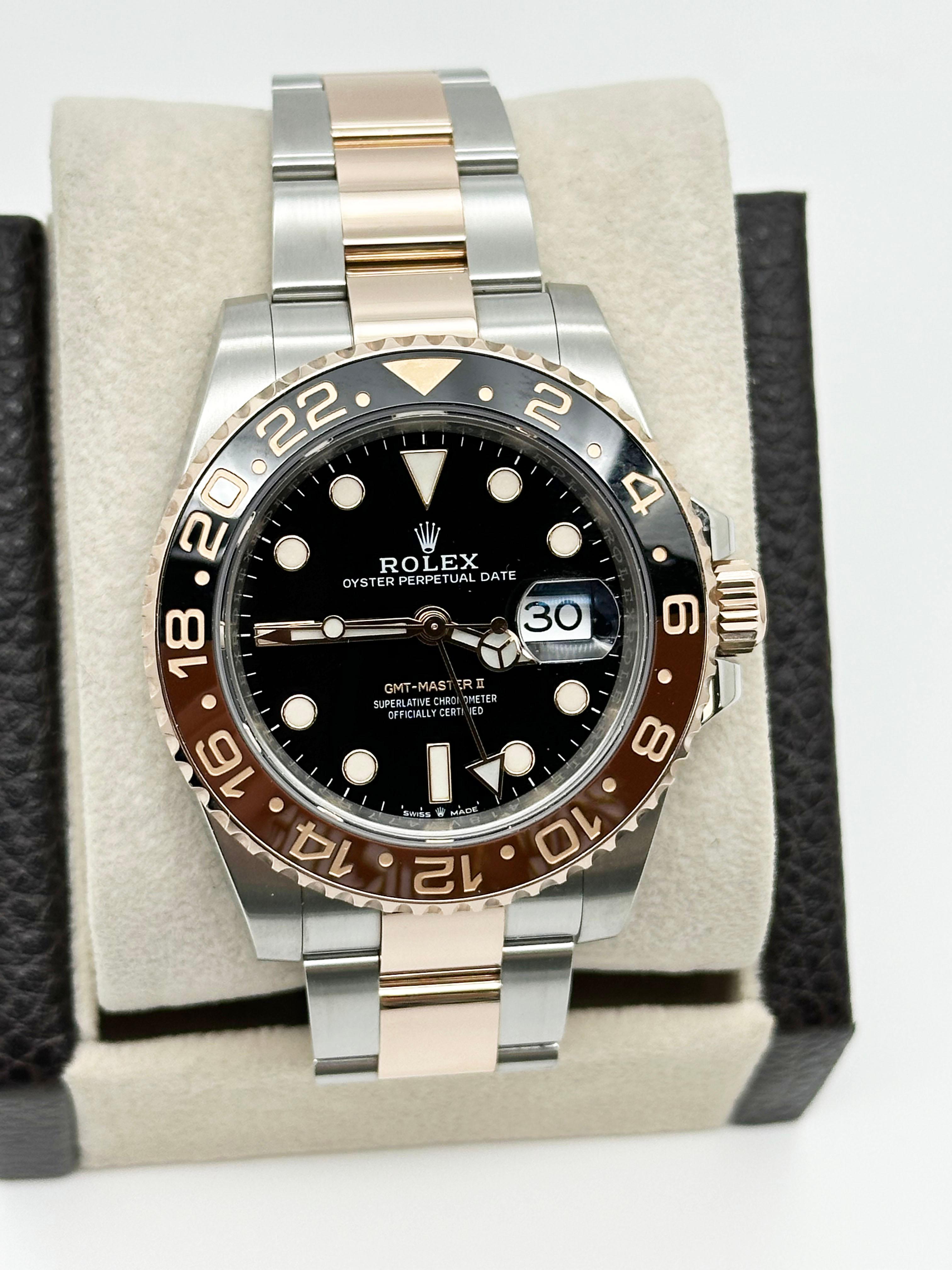 Rolex 126711CHNR GMT Master II Rootbeer Ceramic 18K Gold Steel Box Paper 2022 In Excellent Condition For Sale In San Diego, CA