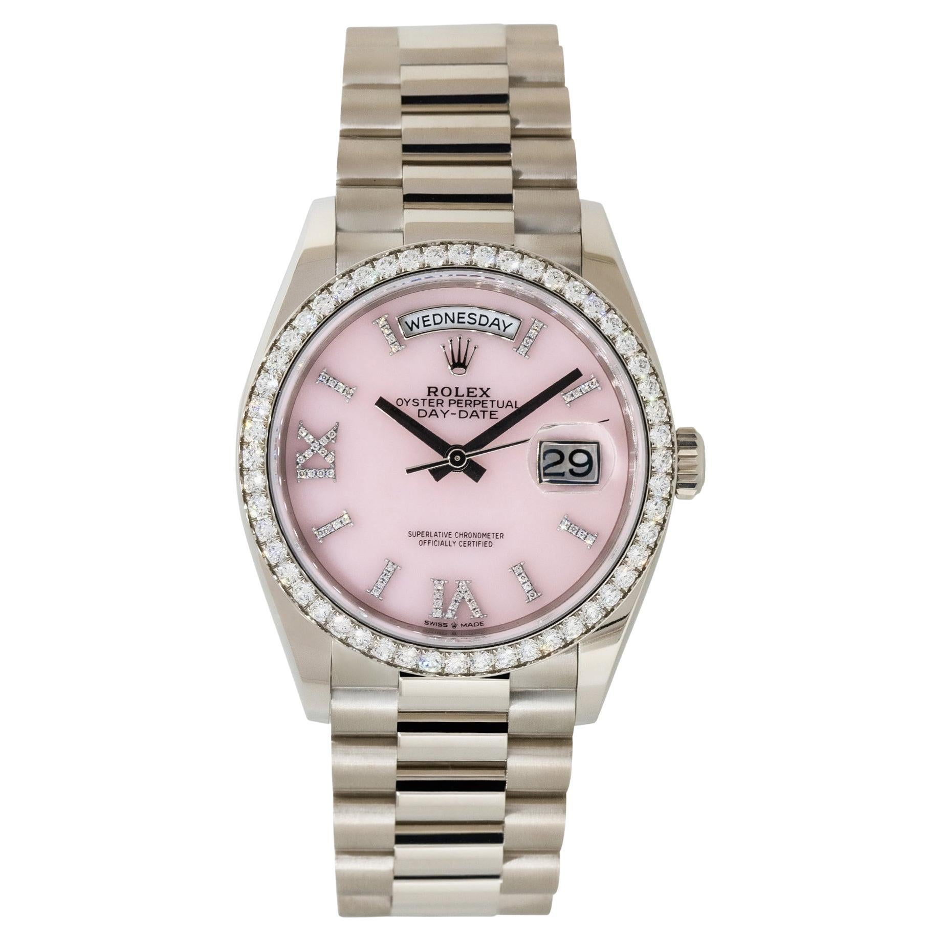 Rolex 128349RBR Day-Date 18k White Gold Pink Opal Dial Watch For Sale at  1stDibs | opal rolex, pink face rolex, rolex diameter