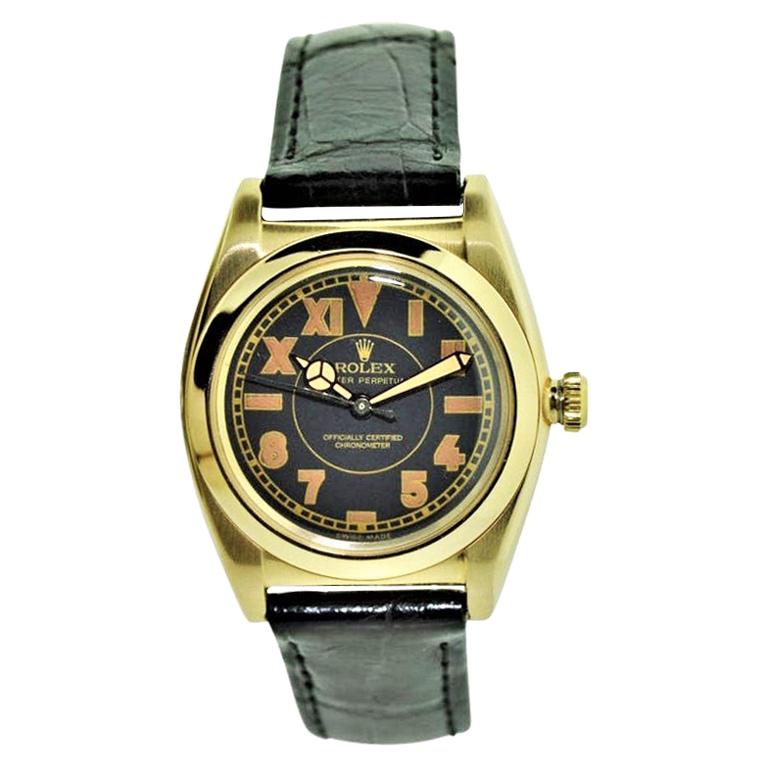 Rolex 14 Karat Gold Art Deco Bubble Back Wristwatch with Legendary Romabic Dial