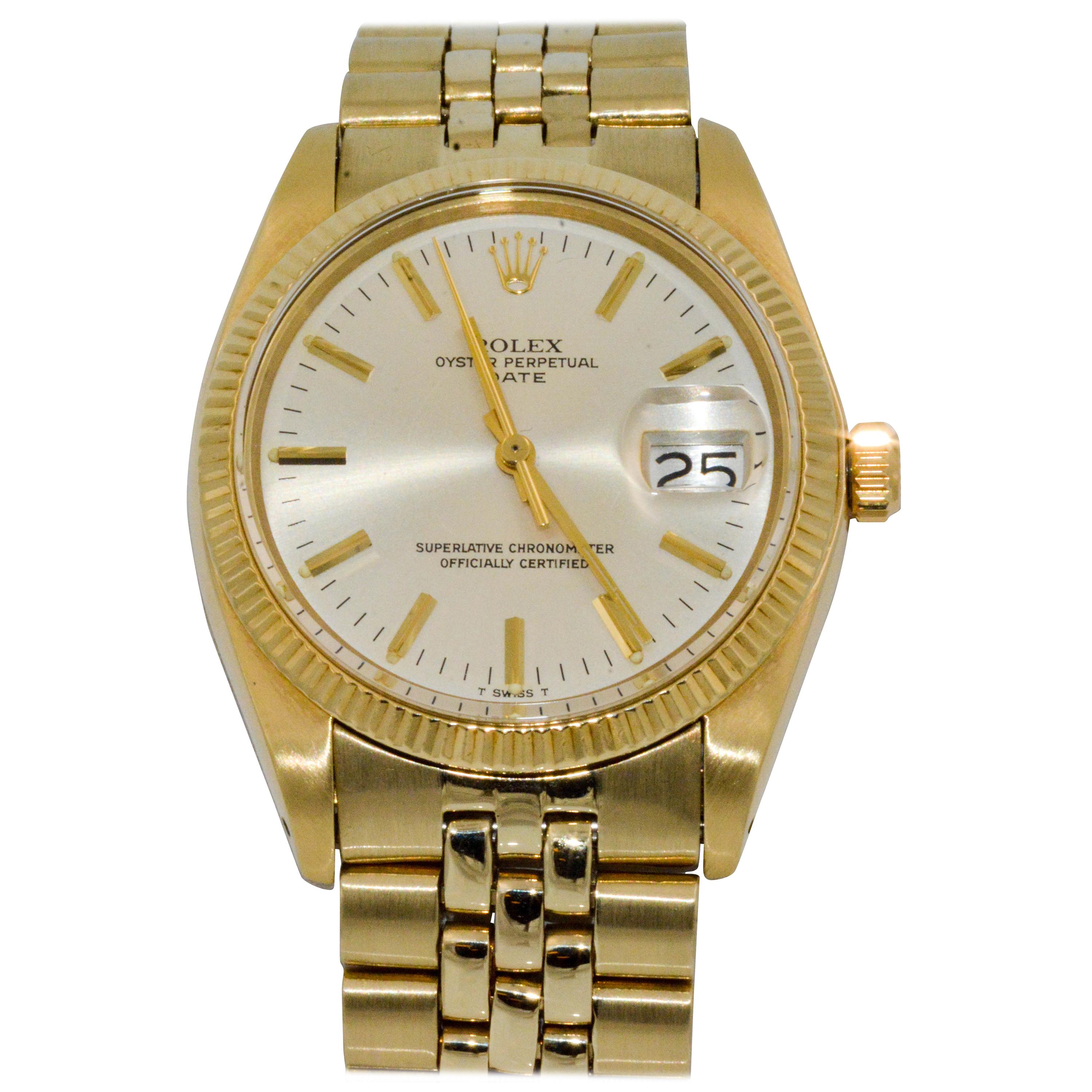 Rolex 14 Karat Yellow Gold Date Silver Streak Dual Jubilee Bracelet Watch