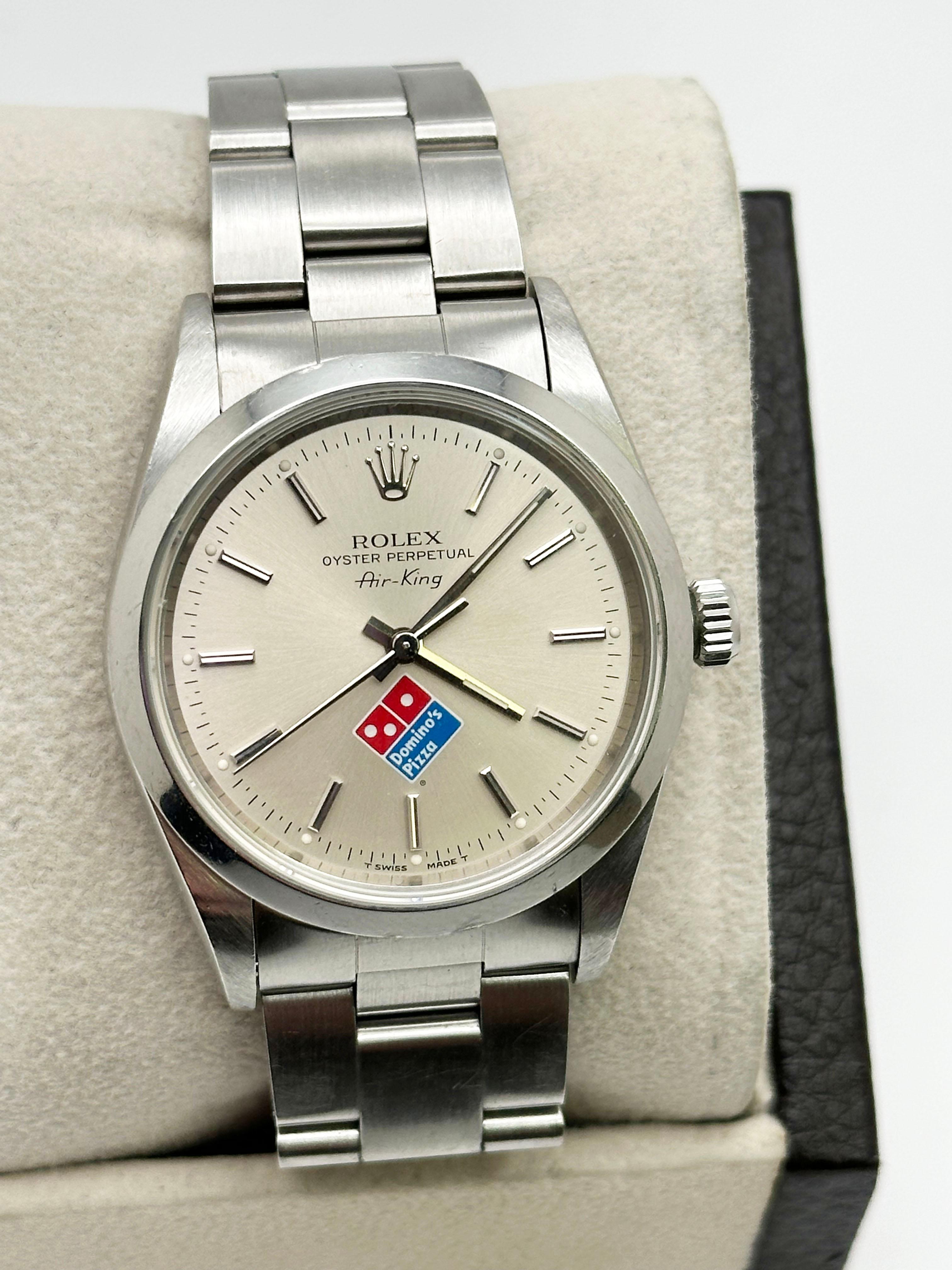 Rolex 14000 Air King Silver Rare Dominos Dial Stainless Steel Box Paper In Excellent Condition In San Diego, CA