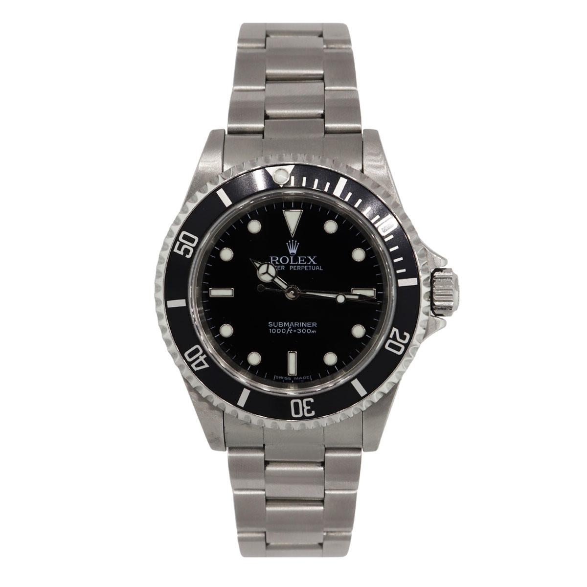 Brand: Rolex
MPN: 14060
Model: Submariner
Case Material: Stainless Steel
Case Diameter: 40mm
Crystal: Sapphire crystal
Bezel: Unidirectional black bezel
Dial: Black dial (non date)
Bracelet: Stainless steel oyster band
Size: Will fit a 7.75″