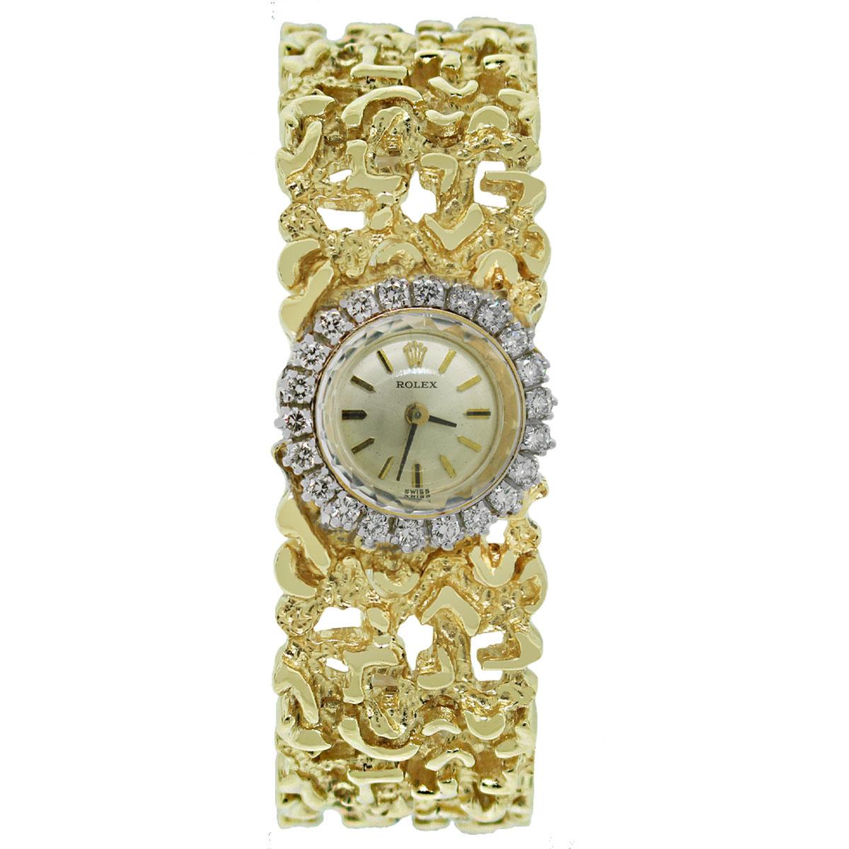 Brand: Rolex
Case Material: 14k Yellow gold
Case Diameter: 20mm
Bezel: 14k Yellow Gold Diamond Bezel
Dial: Gold dial with yellow gold diamond hour markers and hands
Bracelet: 14k yellow gold bracelet
Size: Fits up to a 6.5