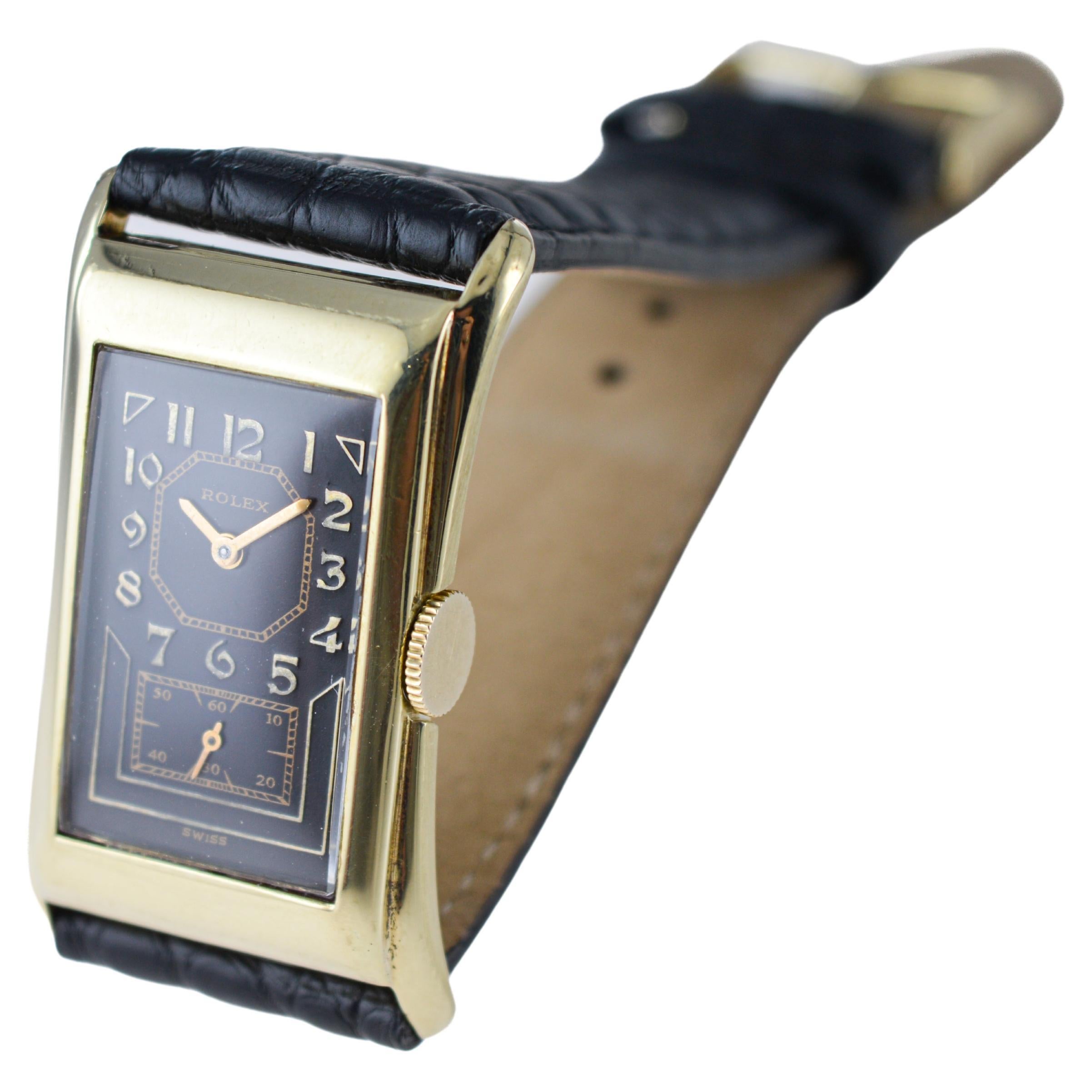 Rolex 14Kt Prince with rare Black Dial Hand Made Case and Movement circa 1940's For Sale 5