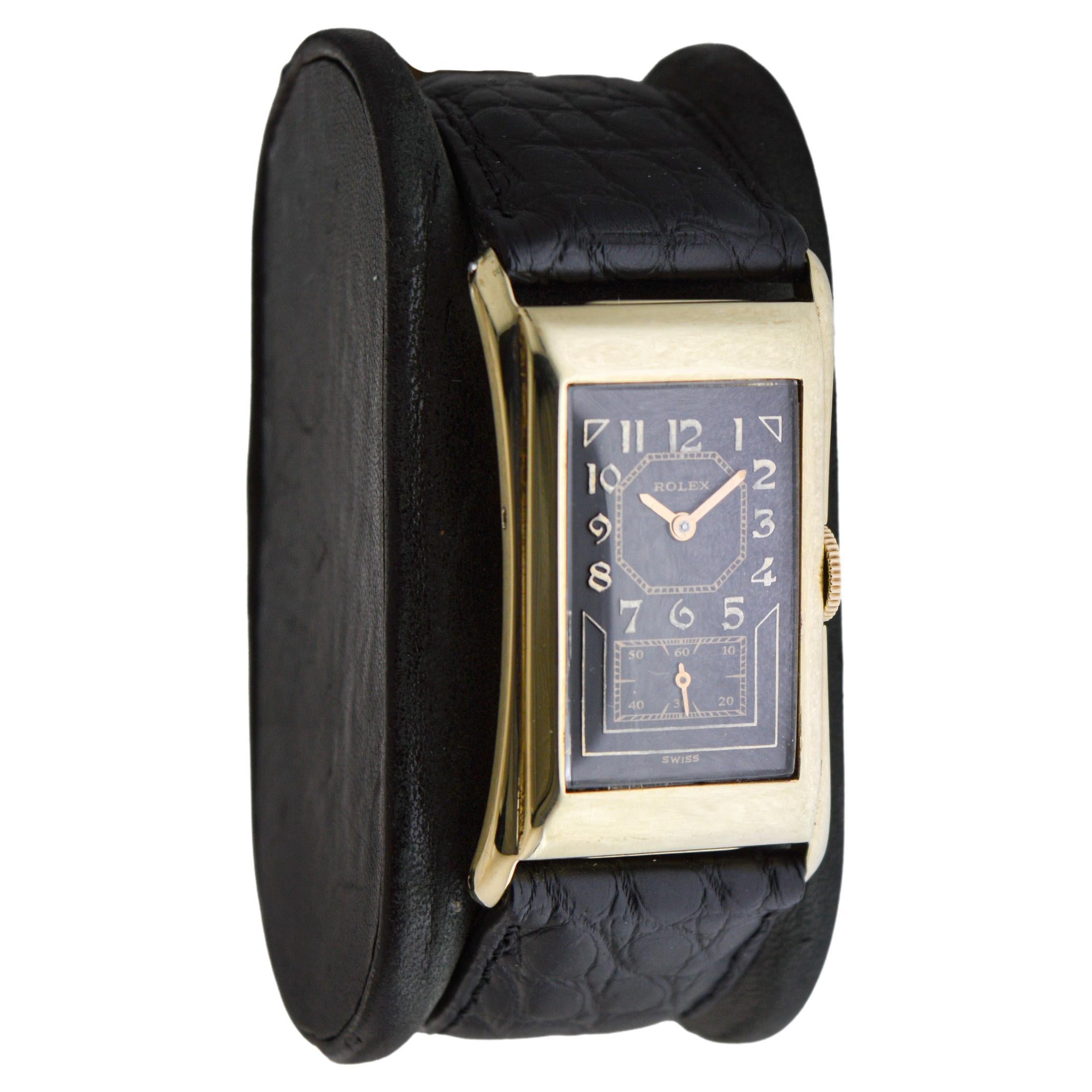 Art Deco Rolex 14Kt Prince with rare Black Dial Hand Made Case and Movement circa 1940's For Sale