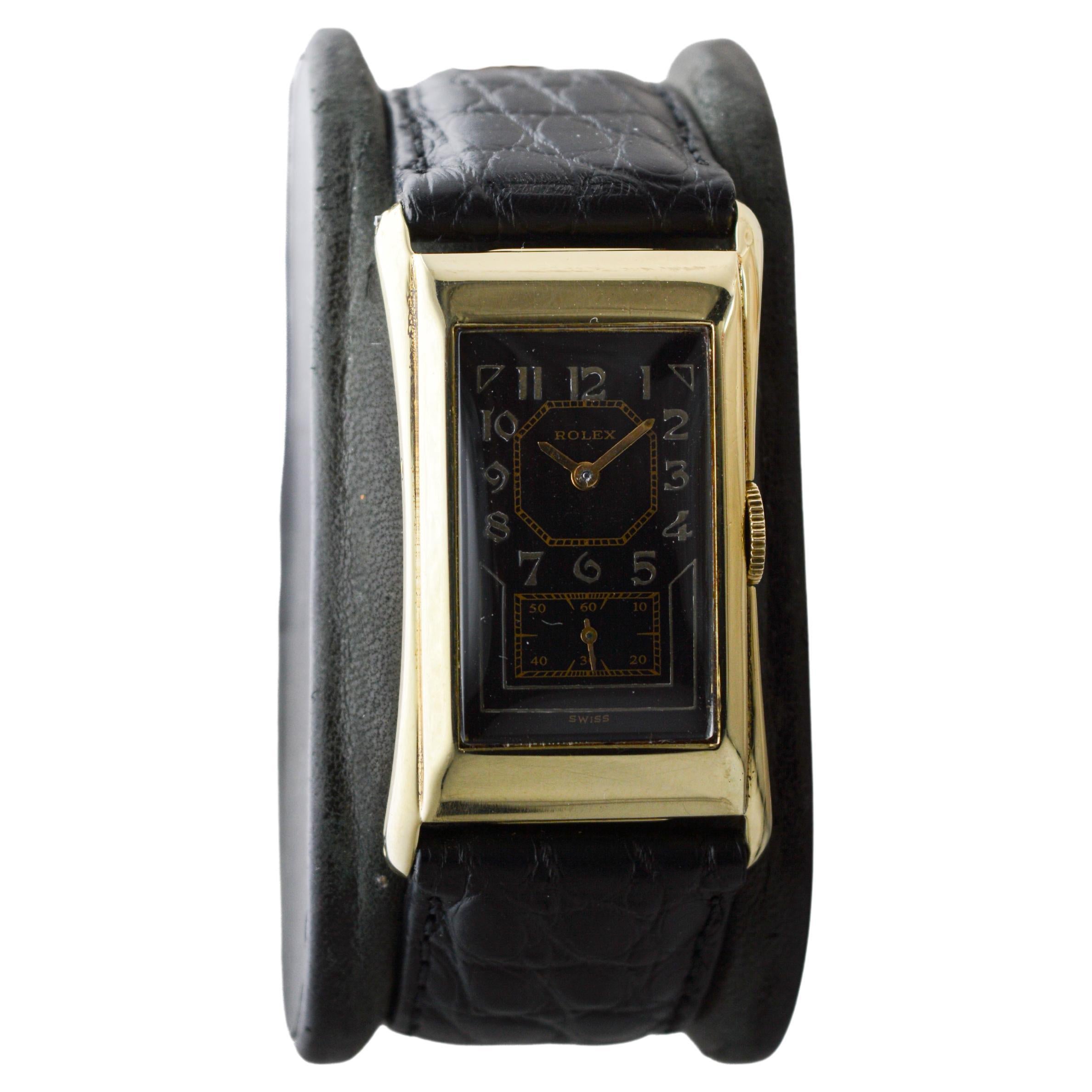 Rolex 14Kt Prince with rare Black Dial Hand Made Case and Movement circa 1940's In Excellent Condition For Sale In Long Beach, CA