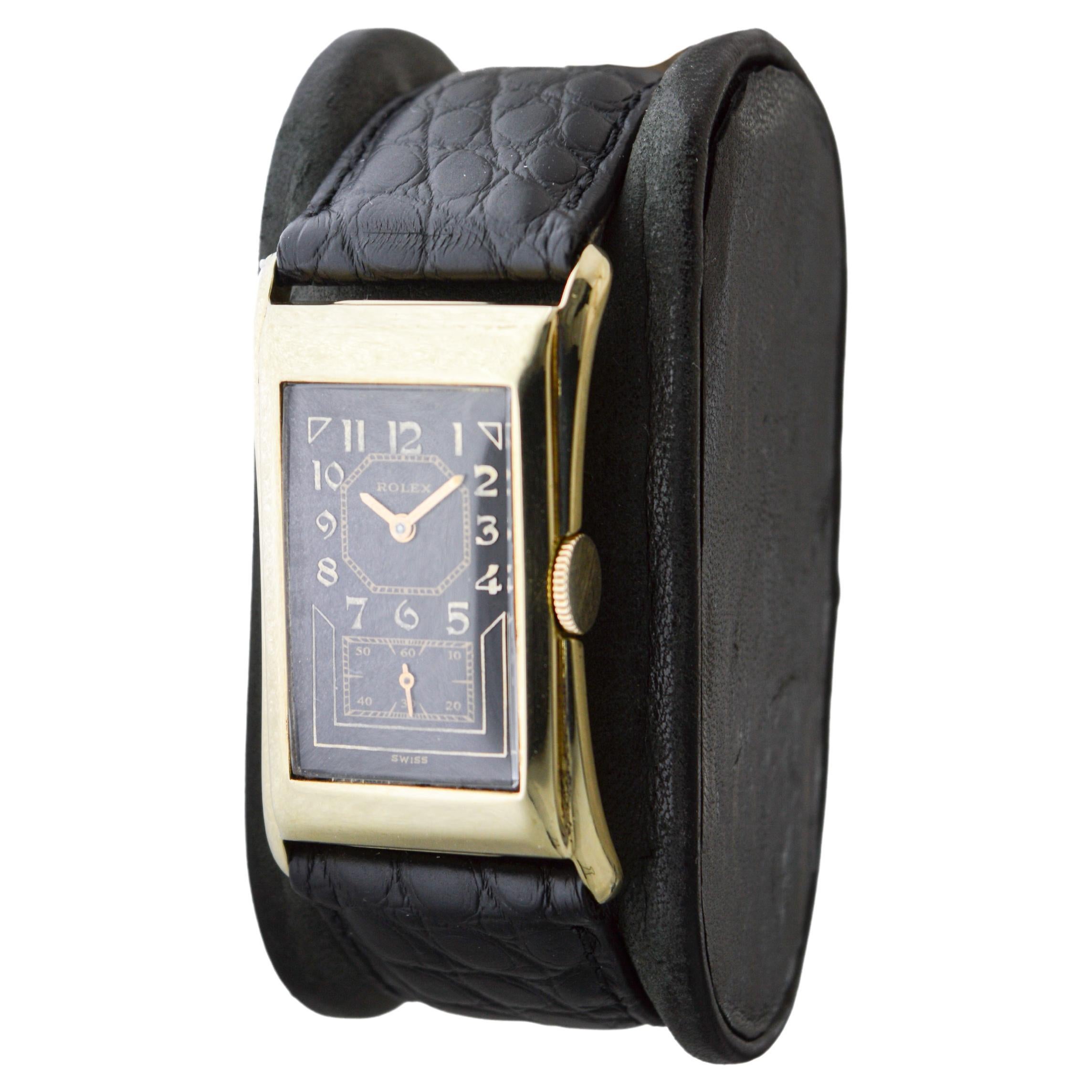 Women's or Men's Rolex 14Kt Prince with rare Black Dial Hand Made Case and Movement circa 1940's For Sale