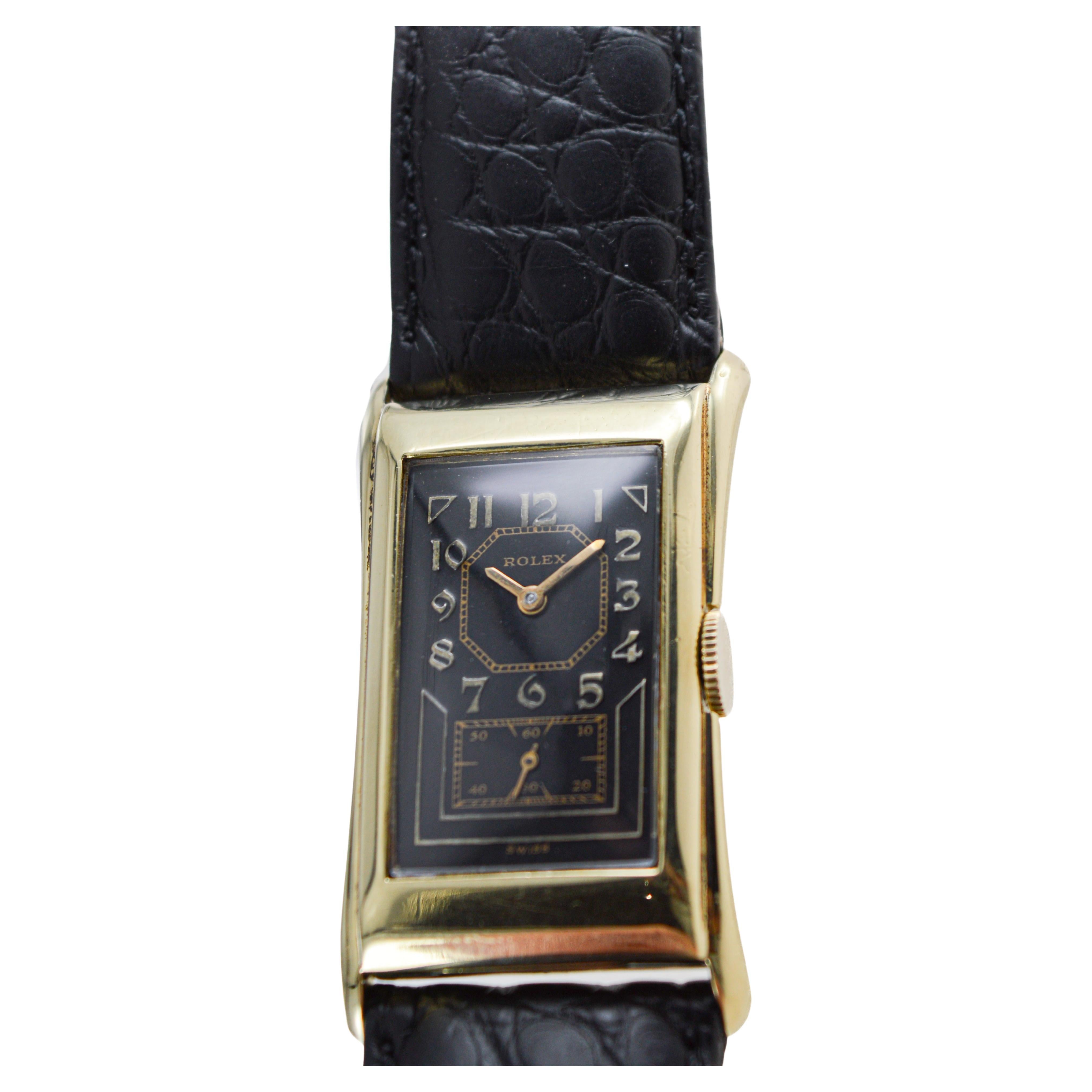 Rolex 14Kt Prince with rare Black Dial Hand Made Case and Movement circa 1940's For Sale 2