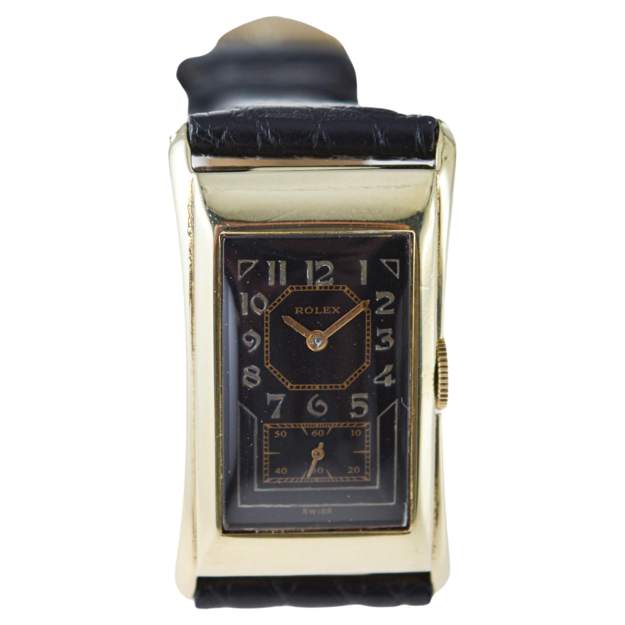 Rolex 14Kt Prince with rare Black Dial Hand Made Case and Movement circa 1940's For Sale 4