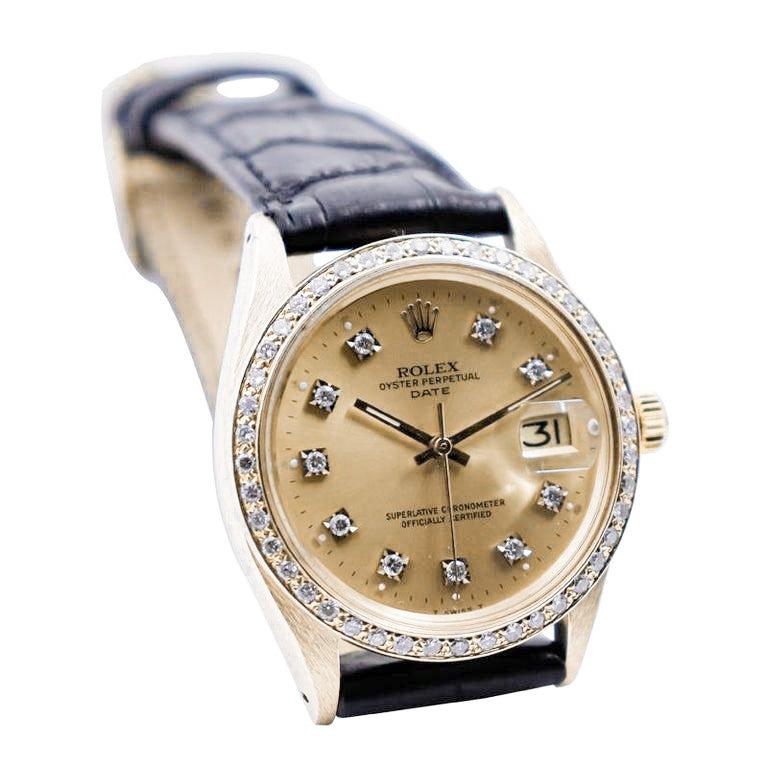 Women's or Men's Rolex 14Kt. Solid Gold with Custom Champagne Diamond Dial and Diamond Bezel For Sale