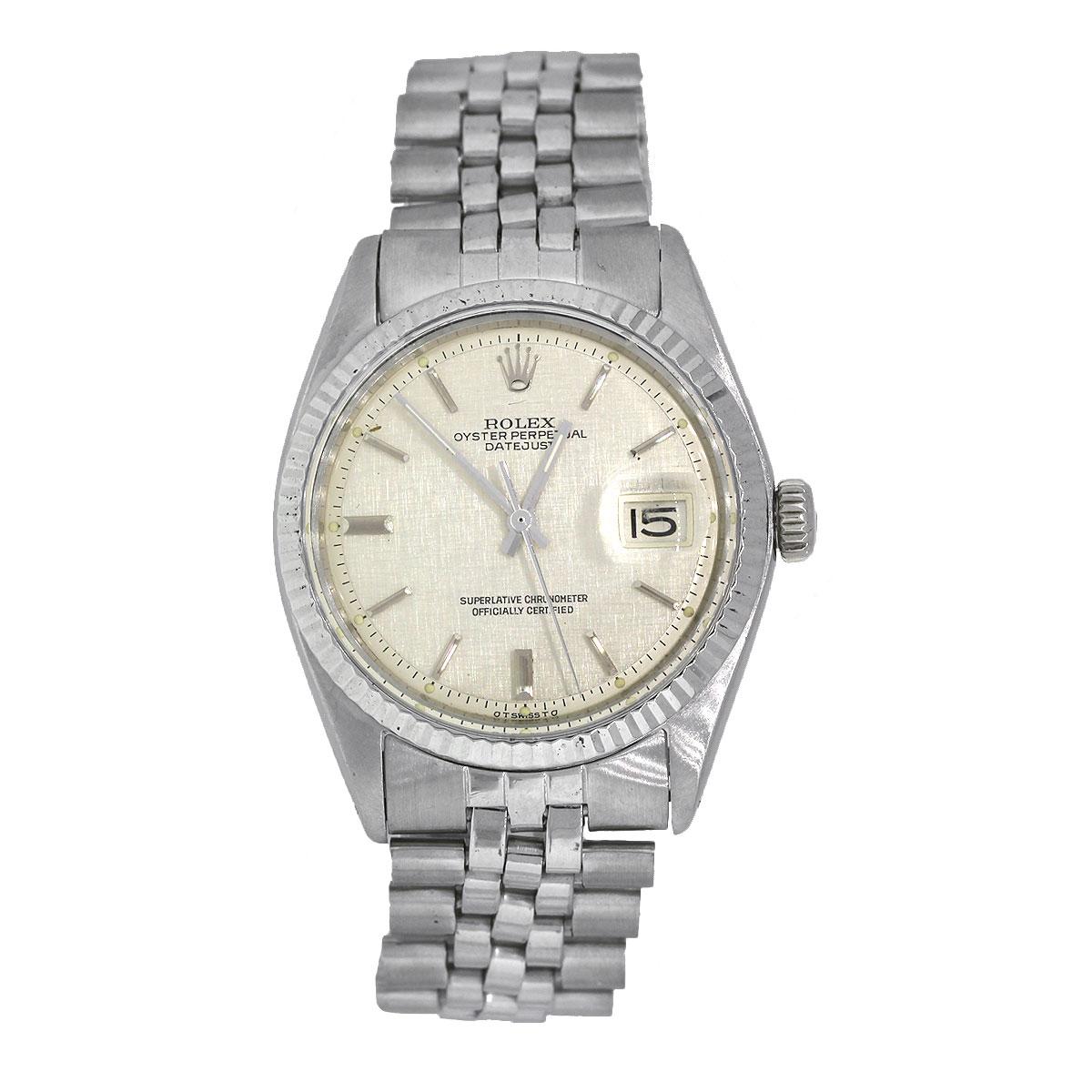 Brand: Rolex
MPN: 1501
Model: Datejust
Material: Stainless Steel
Dial: Silver linen pie pan dial with silver sticks and hands. Date can be found at 3 O’Clock
Bezel: Stainless Steel fluted bezel
Case Measurements: 36mm
Bracelet: Stainless steel