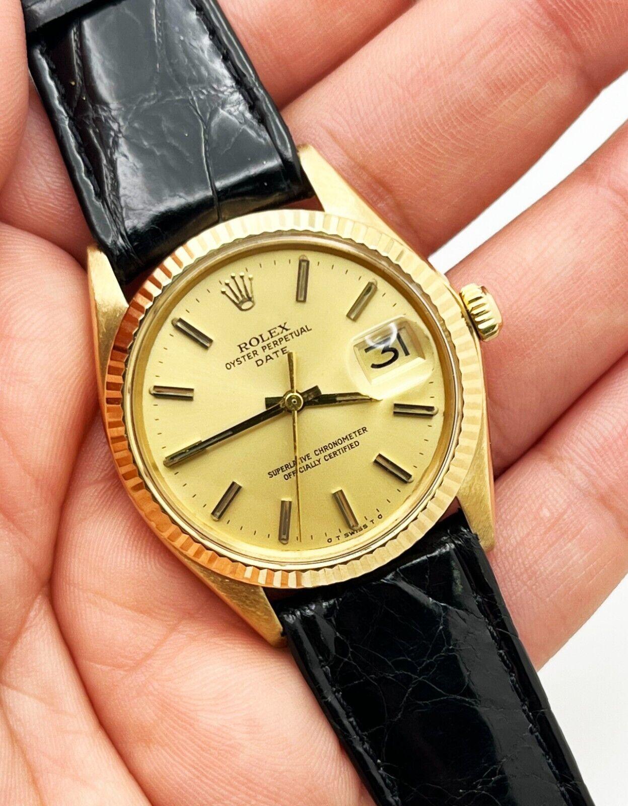 Style Number: 1503

Serial: 6403***

Year: 1980
 
Model: Oyster Perpetual Date
 
Case Material: 18K Yellow Gold
 
Band: Rolex Leather Band
  
Bezel: 18K Yellow Gold
  
Dial: Champagne
 
Face: Acrylic
 
Case Size: 34mm
 
Includes: 
-Elegant Watch
