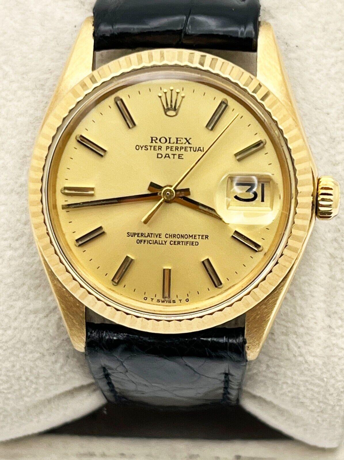 Rolex 1503 Oyster Perpetual Date Champagne Dial 18K Yellow Gold Leather Strap In Excellent Condition For Sale In San Diego, CA