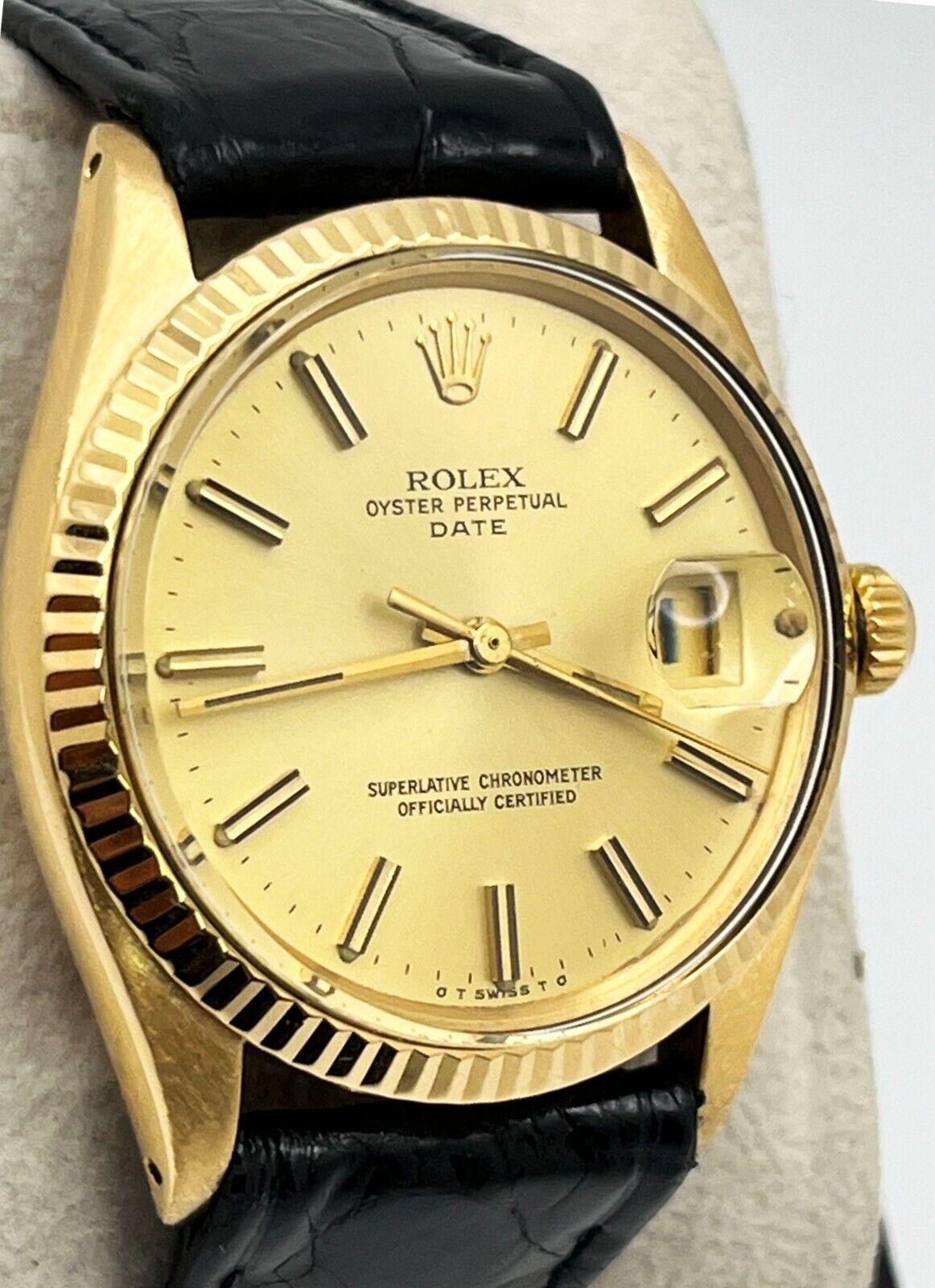 Rolex 1503 Oyster Perpetual Date Champagne Montre à bracelet en cuir et or jaune 18 carats en vente 2