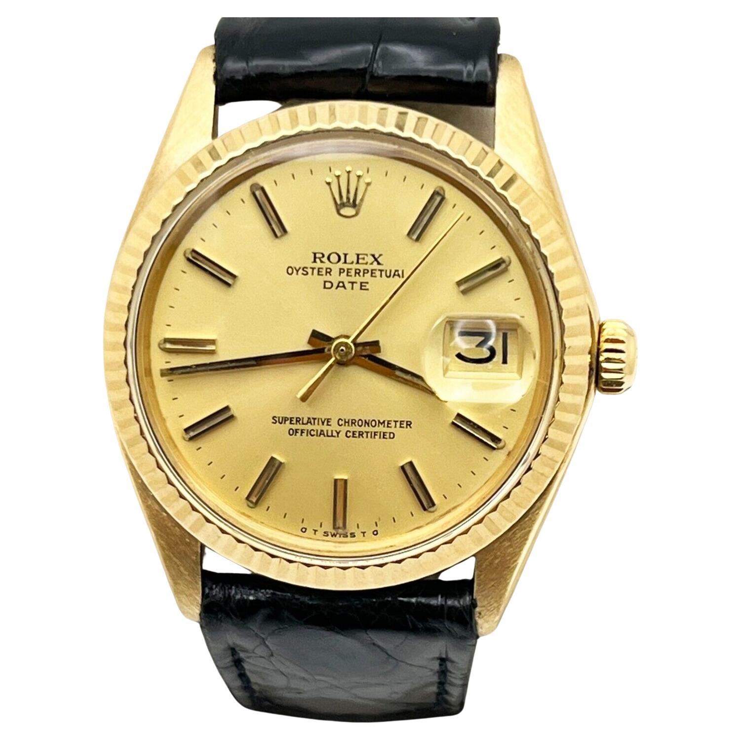Rolex 1503 Oyster Perpetual Date Champagne Montre à bracelet en cuir et or jaune 18 carats en vente