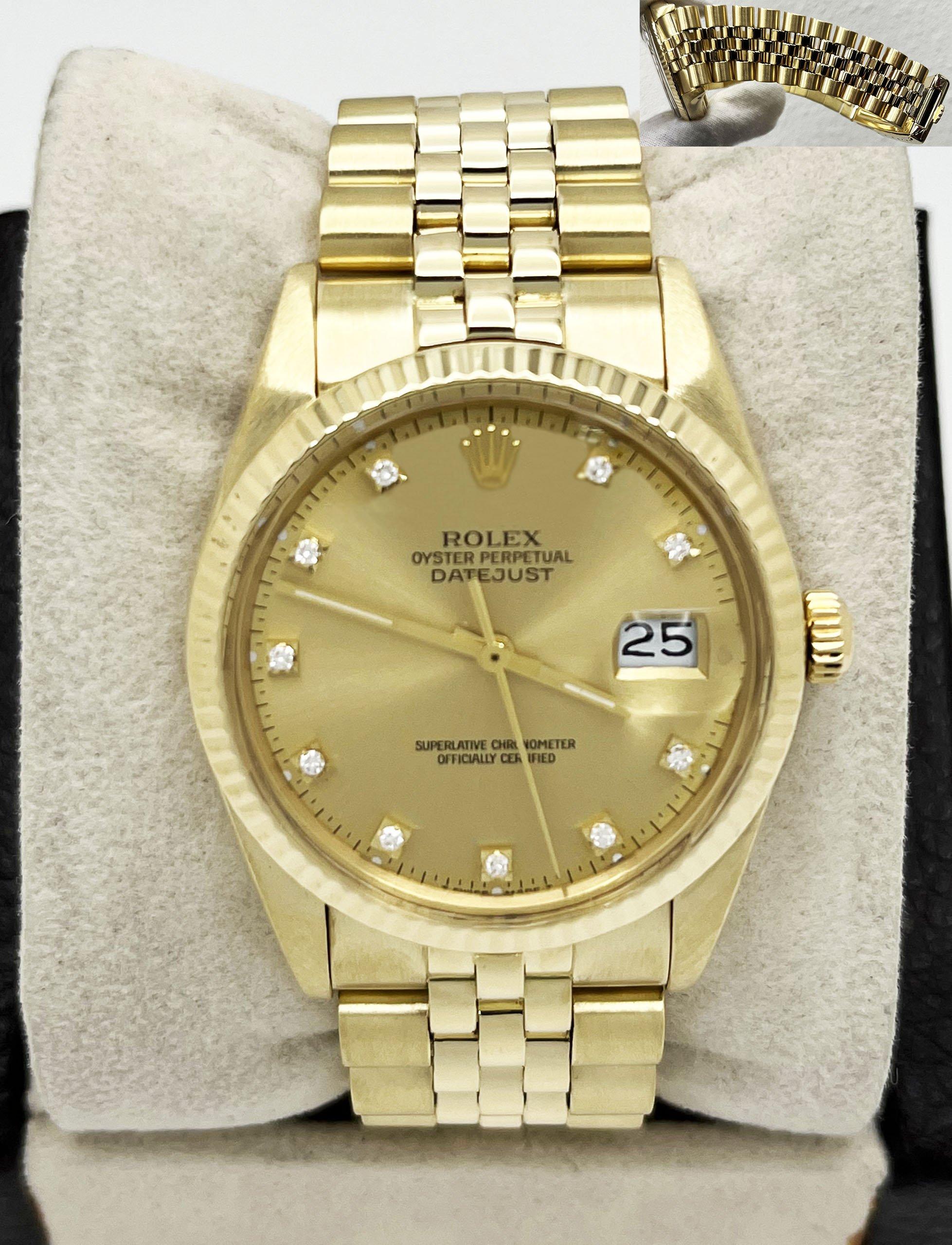 Style Number: 15037

Serial: 9828***

Year: 1986

Model: Date

Case Material: 14K Yellow Gold

Band: 14K Yellow Gold

Bezel: 14K Yellow Gold

Dial: Factory Datejust Champagne Diamond Dial

Face: Acrylic 

Case Size: 34mm

Includes: 

-Elegant Watch