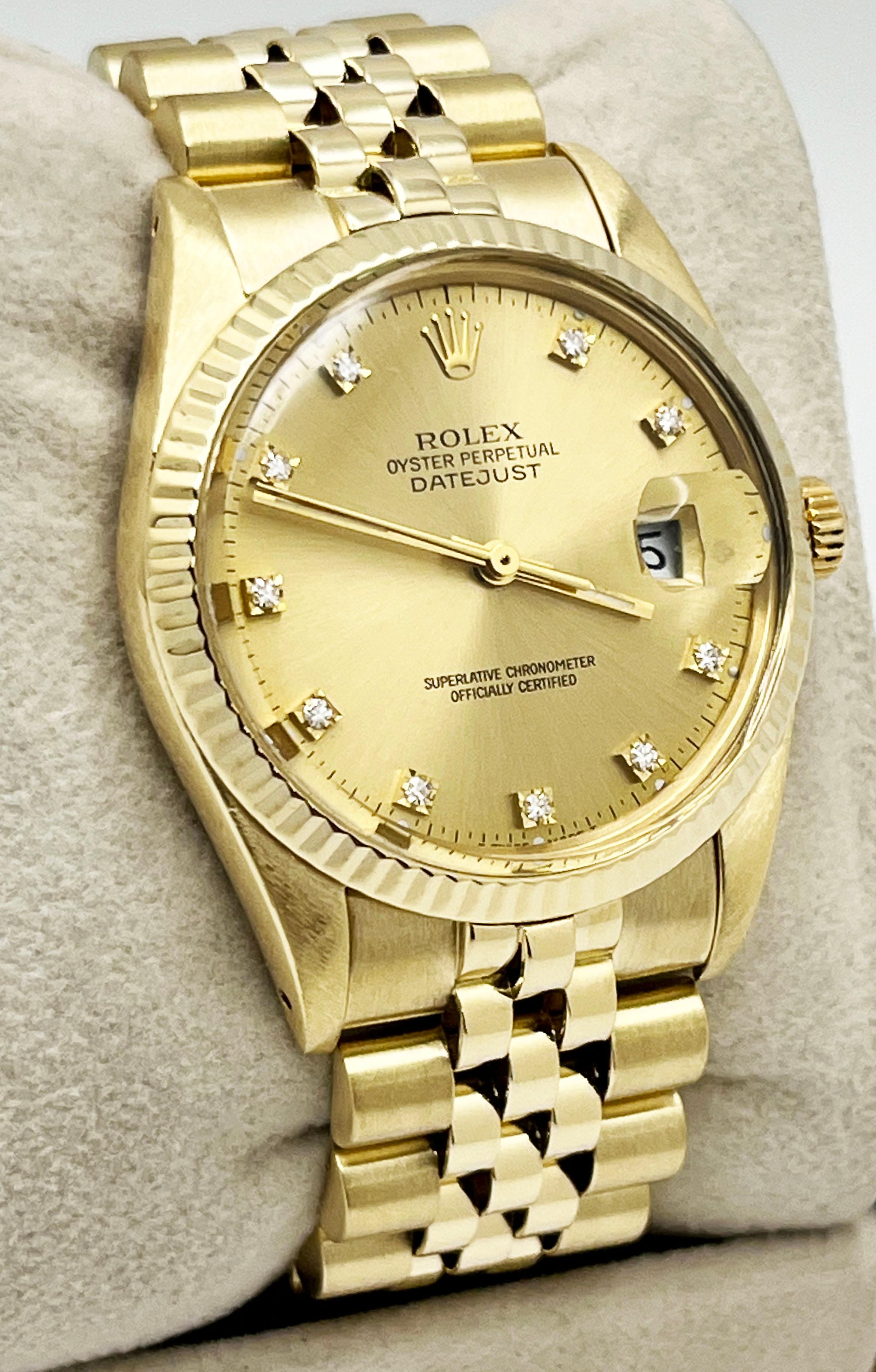 Rolex 15037 34mm Date Factory Champagne Diamond Dial 14K Yellow Gold In Excellent Condition For Sale In San Diego, CA