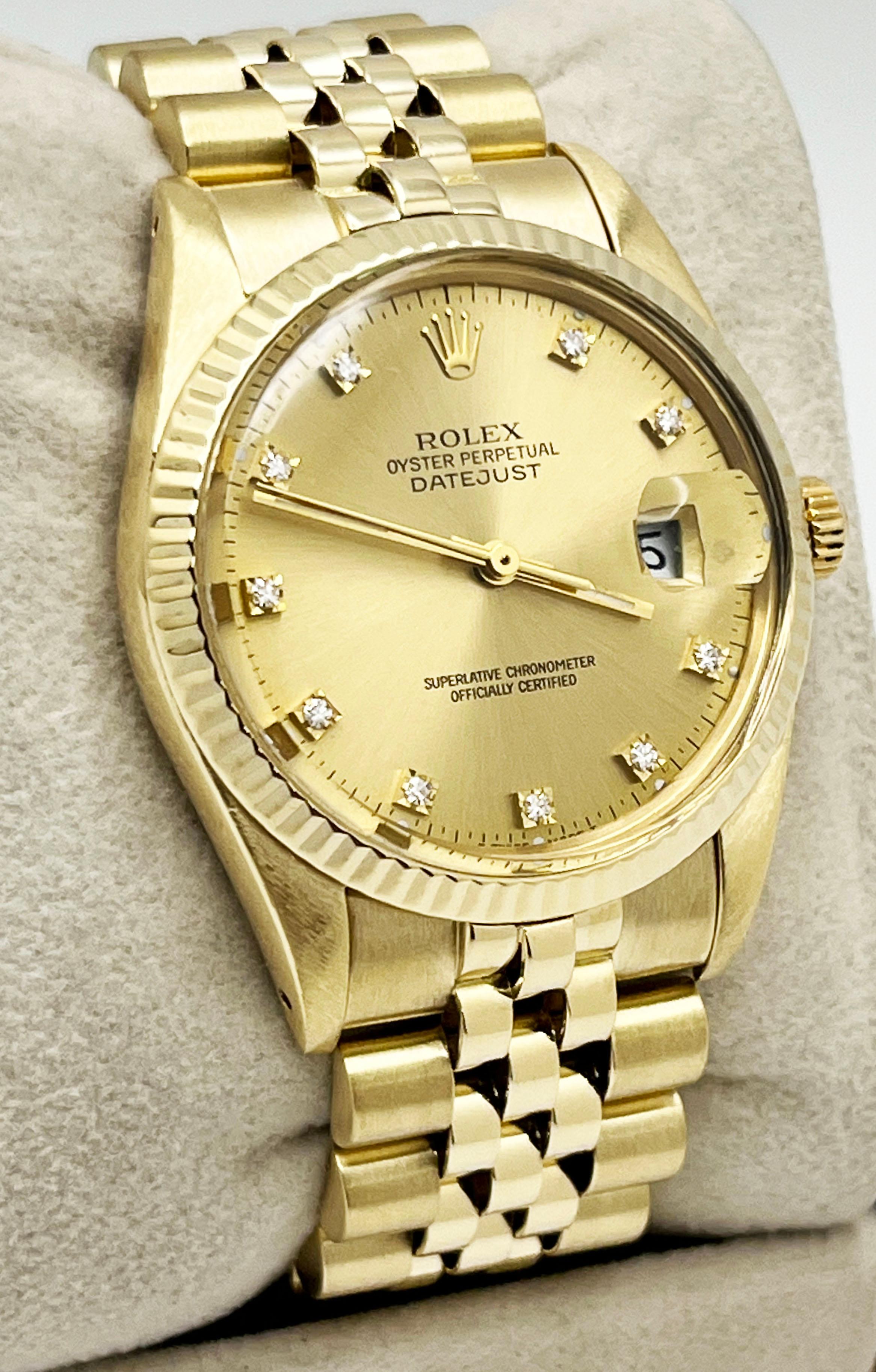Rolex 15037 34mm Date Factory Champagner-Diamant-Zifferblatt 14K Gelbgold im Zustand „Hervorragend“ in San Diego, CA