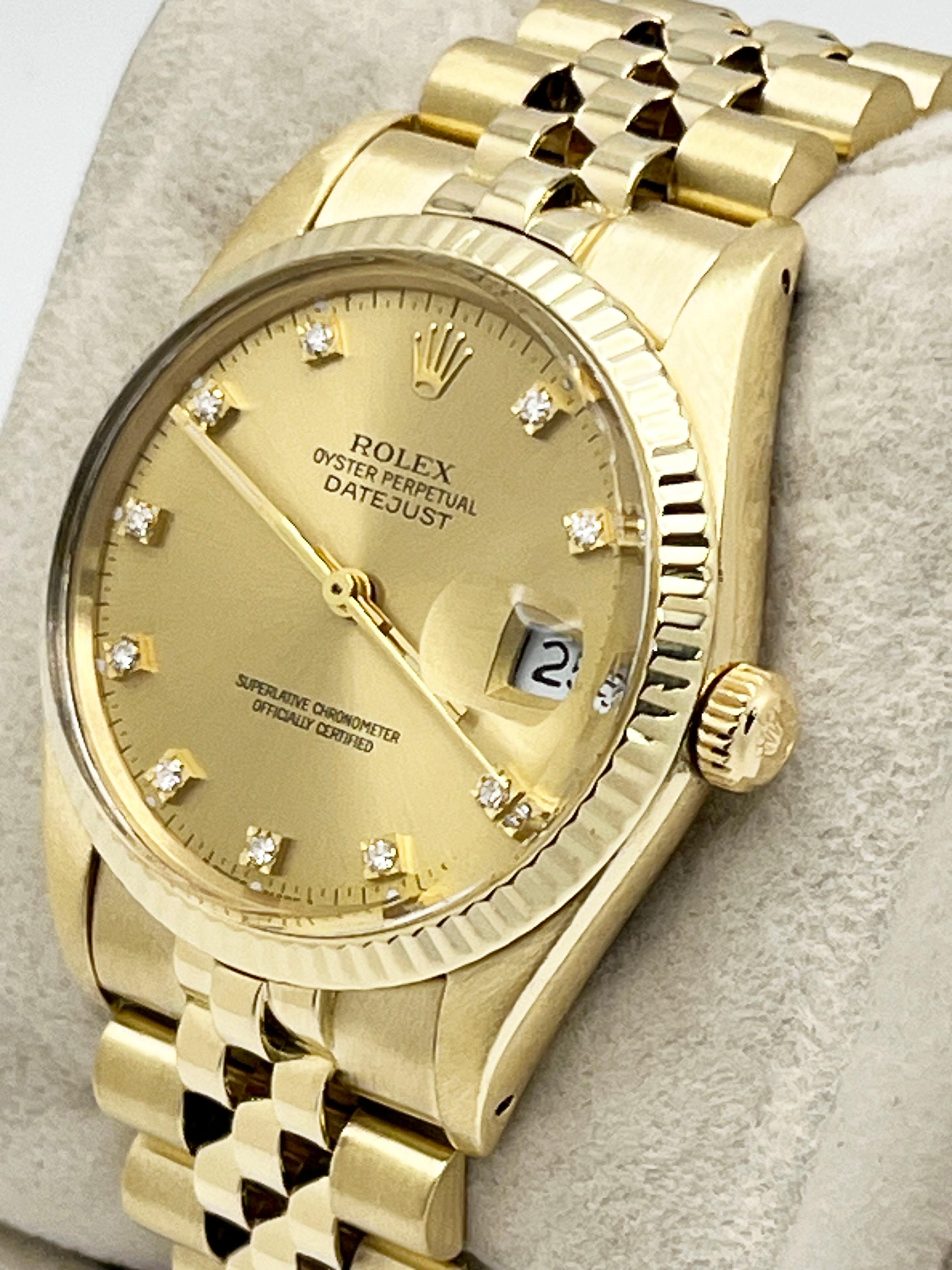 Women's or Men's Rolex 15037 34mm Date Factory Champagne Diamond Dial 14K Yellow Gold For Sale